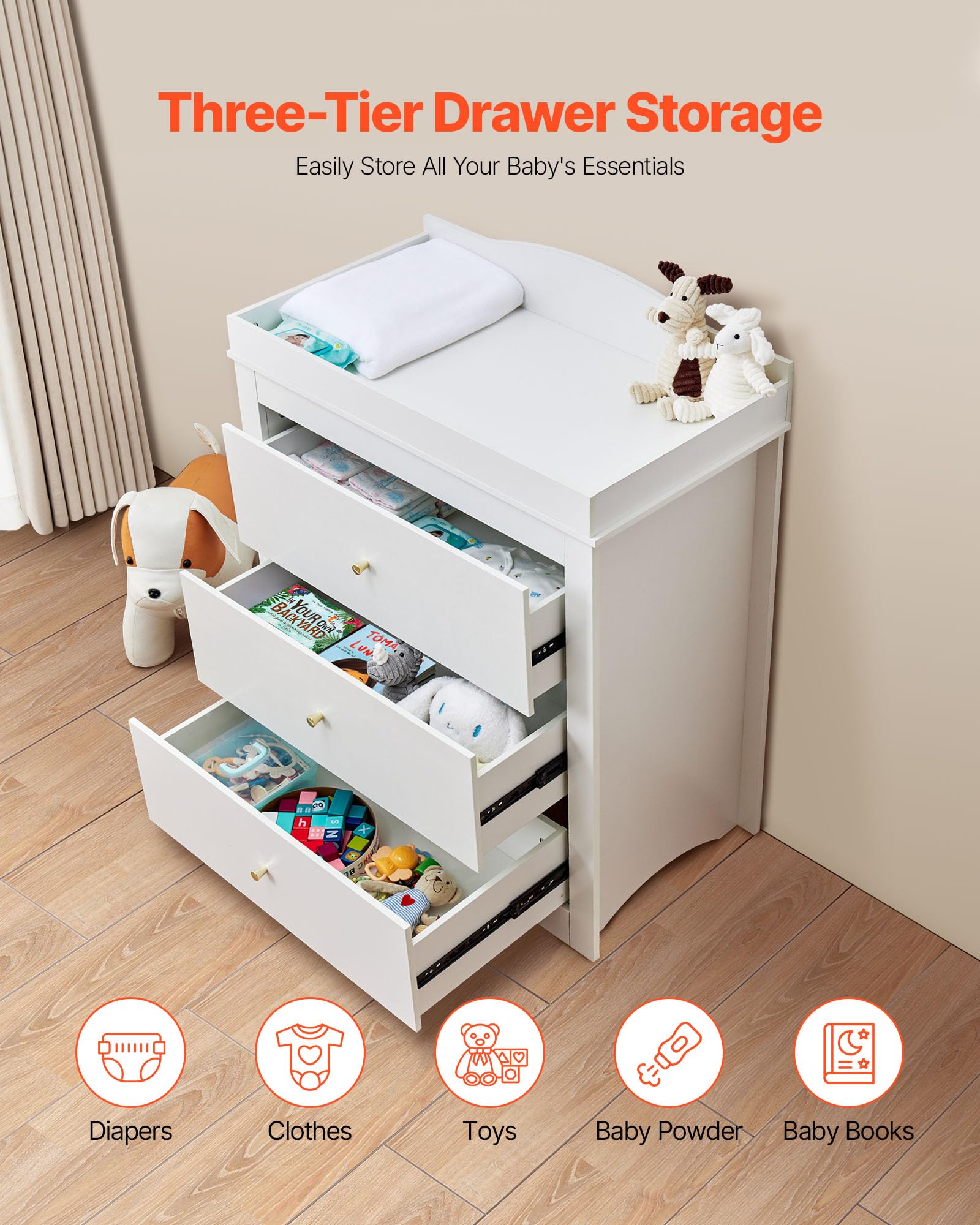 VEVOR Zmieniacz, nowoczesny wielofunkcyjny przewijak pieluchy dla niemowląt 462 x 851 x 1010 mm z 3 szufladami i organizerem do przechowywania, obciążenie 45 kg do pokoju dziecięcego, biały