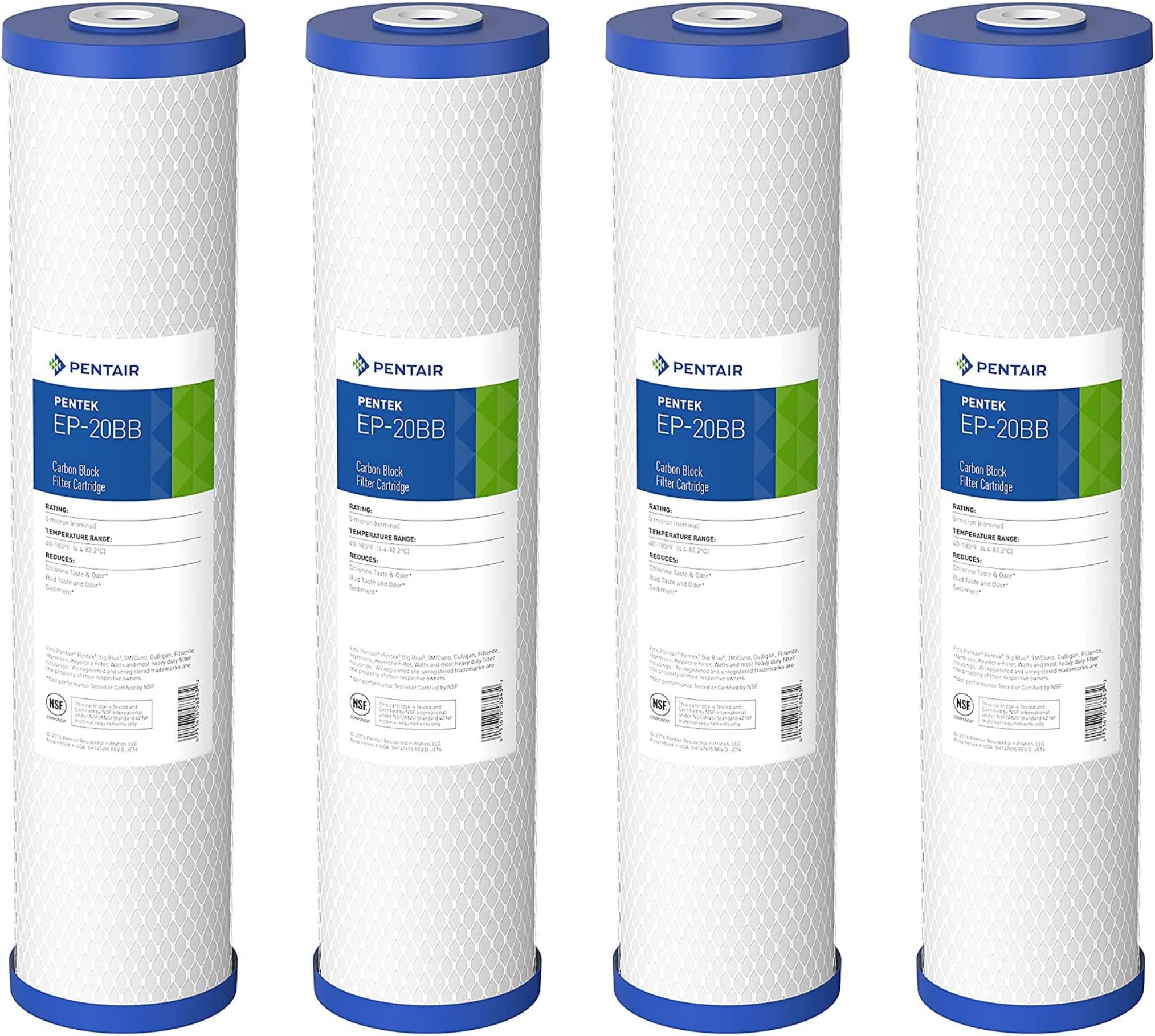 Pentair EP-20BB Big Blue Carbon Water Filter, 20-Inch, Whole House Carbon Block Replacement Cartridge with Bonded Powdered Activated Carbon (PAC) Filter, 20" x 4.5", 5 Micron, Pack of 4