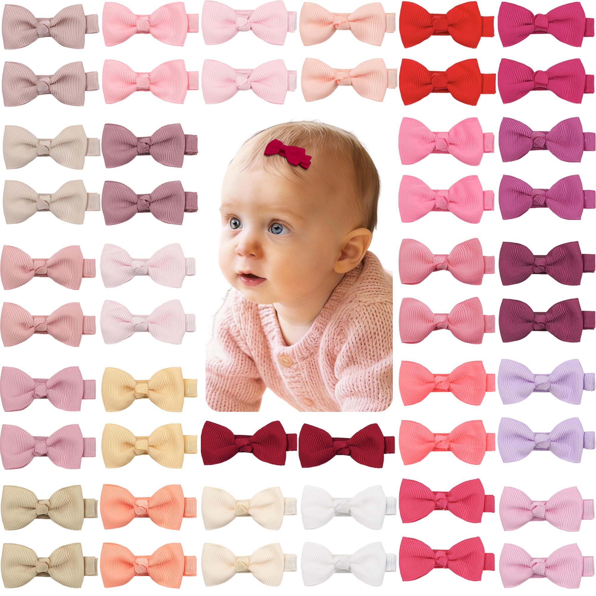 CELLOT Baby Girls Fully Lined Hair Bows Hair Pins, 2' Hair Bows, 50 Pieces/25 Pairs - Infants, Toddlers, Kids Hair Accessories in Pairs - Pink Bow Alligator Hair Clips