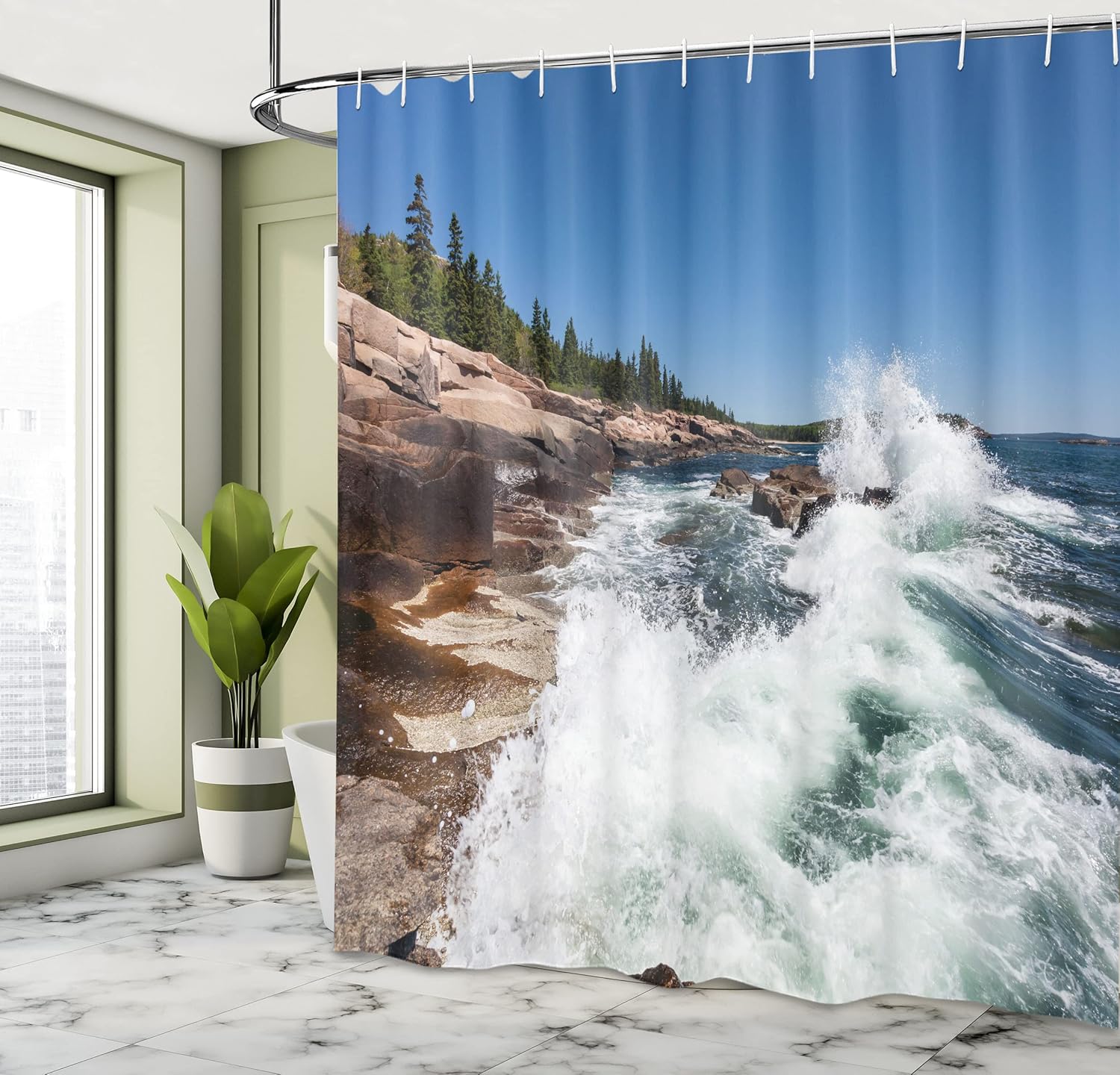 Lunarable Acadia Shower Curtain, Waves Crashing Along Coast of National Park Maine Wild Nature Atlantic Seascape, Cloth Fabric Bathroom Decor Set with Hooks, 69" W x 70" L, Multicolor