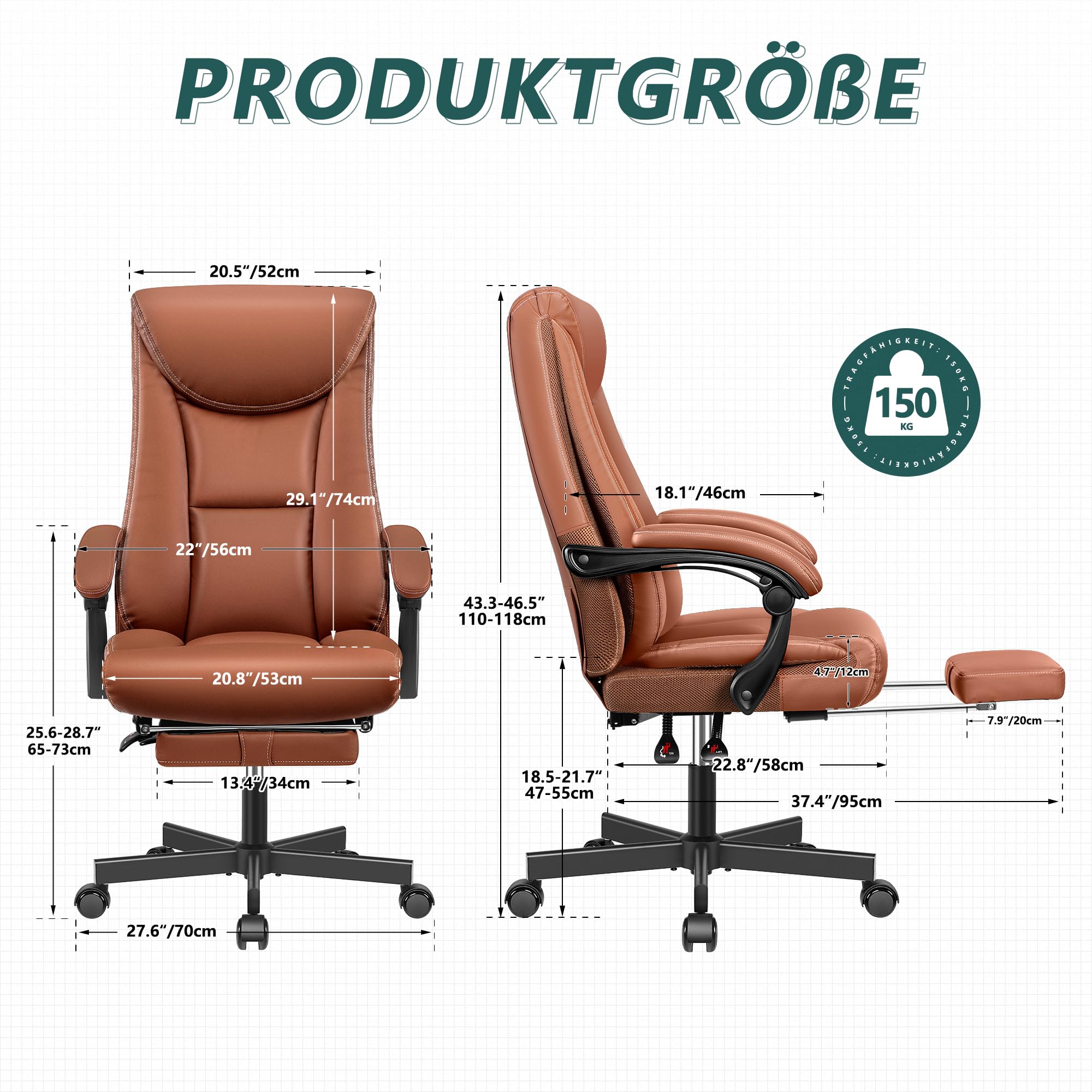 Chefsessel Breiter Bürostuhl ergonomischer Schreibtischstuhl hohe Rückenlehne 150KG mit Fußstütze Office Chair aus PU-Leder, Braun