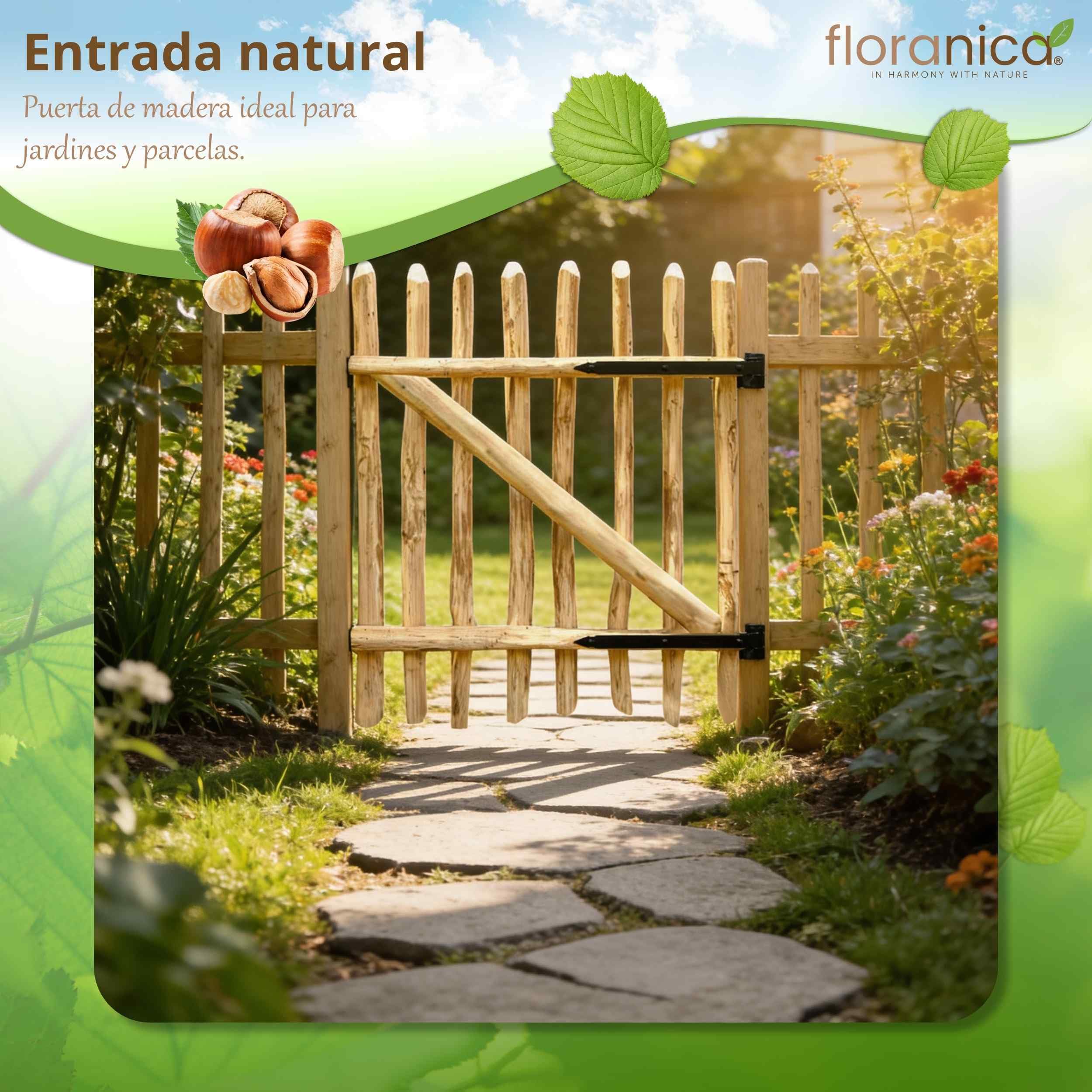 Floranica Puerta de jardín de madera de avellano para valla de estacas Altura 115 cm x 100 cm 1 hoja – lista para instalar incl. bisagras