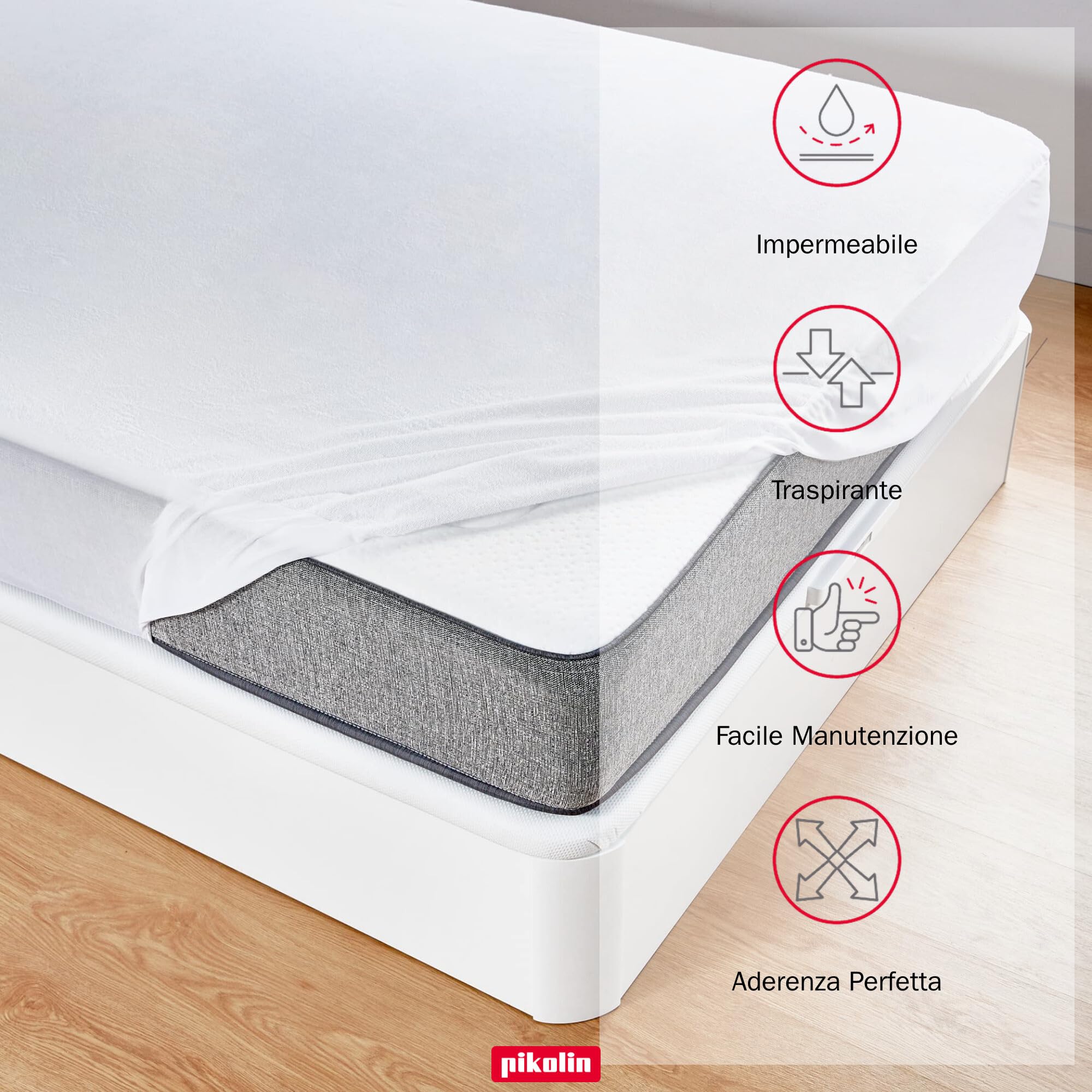 PIKOLIN Set 2 Coprimaterasso Matrimoniale Impermeabile 150 x 190 cm 32 cm di Altezza in Spugna, Traspirante e Certificato Oeko-Tex - Protettore di Materasso Silenzioso, Antiacaro e Anallergico