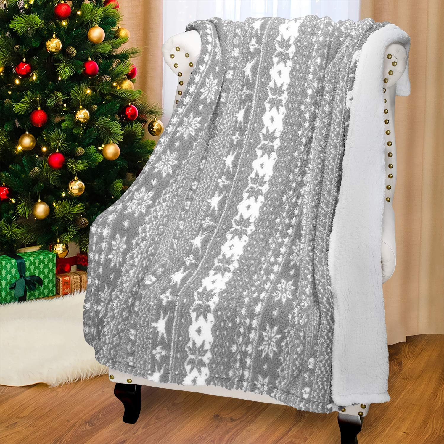 Grey Sherpa Throw Blanket, Super Soft Warm Fuzzy Comfy Snowflake Blankets, Reversible Fluffy Throws, Holiday Theme Blanket (50X60 inches) - Image 6
