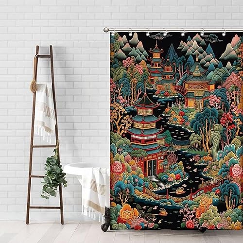 Miniatura 1065 de Cortinas de ducha de baño con ganchos, 72 x 92 pulgadas, cortina de ducha de tela impermeable con diseño de flores y pájaros, cortina de ducha