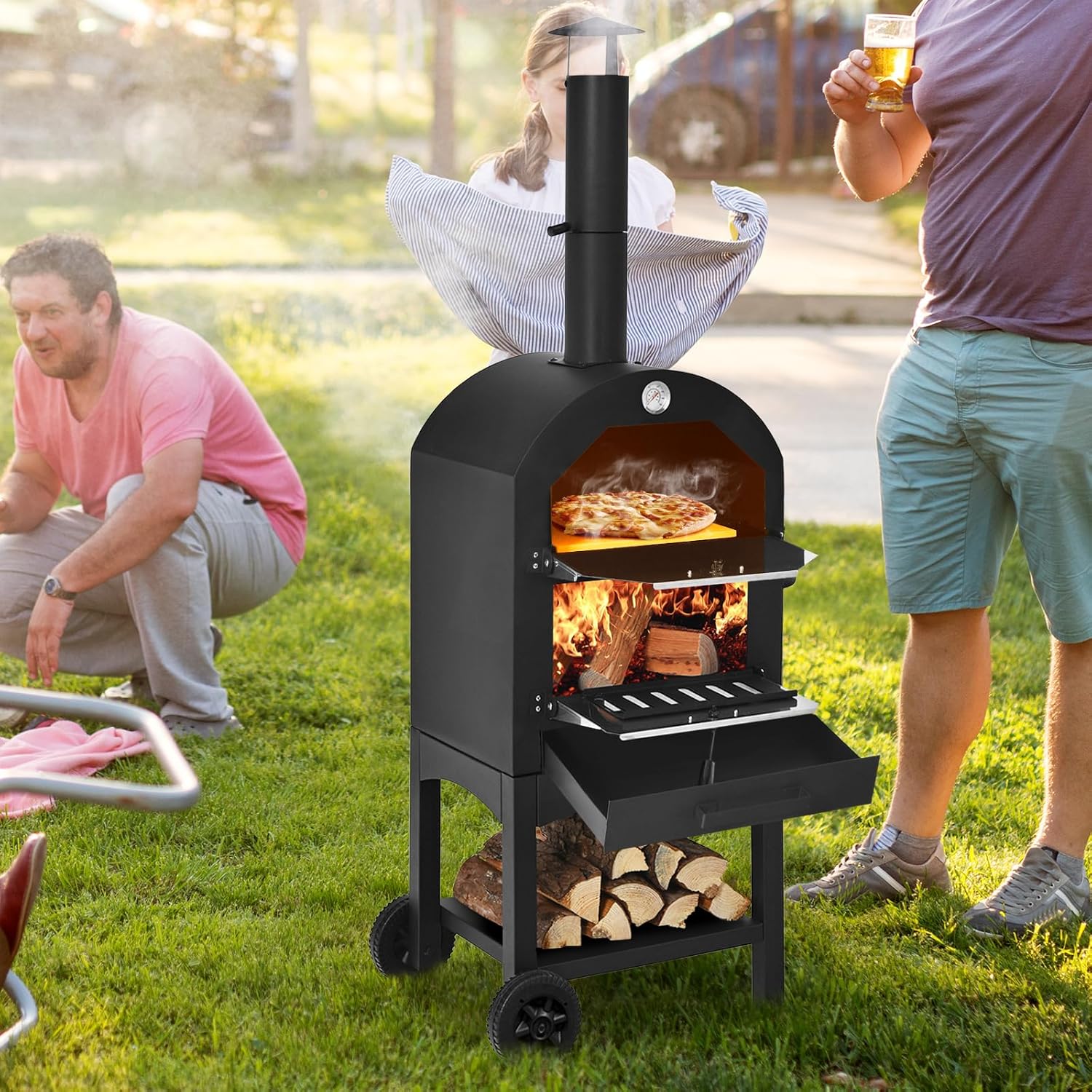 S AFSTAR Pizza Oven Outdoor, Wood Fire Pizza Maker with 2 Large Wheels, Storage Shelf, Waterproof Cover, Pizza Stone, Pizza Peel, Cooking Grids, Mobile Pizza Oven for Party Barbecue Camping Picnic