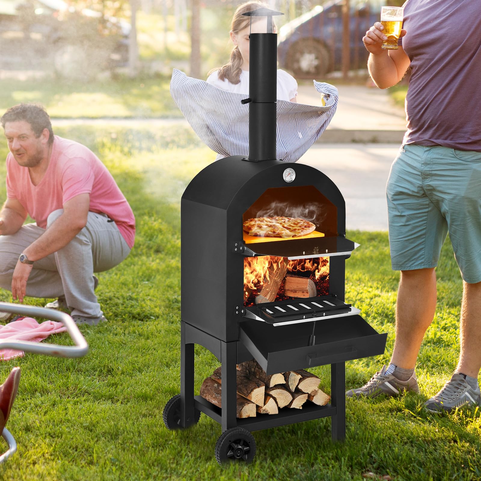 KOMFOTTEU Four à Pizza Extérieur 2 Niveaux 200℃-350℃ Portable Fer Mini-four avec Pierre à Pizza