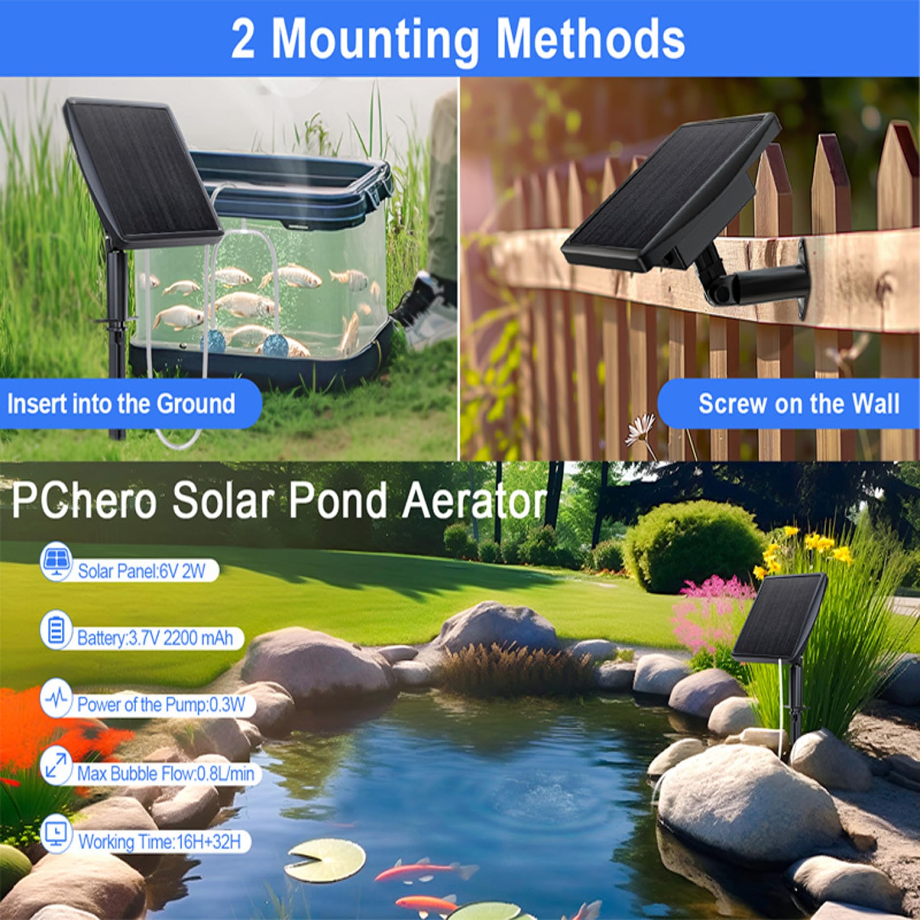 Aeratore per laghetto solare Pompa ad solare da 2 W con batteria incorporata per acquario da esterno Pompa di ossigeno a basso rumore a 3 modalità per laghetto da giardino Acquario Cortile 4 p