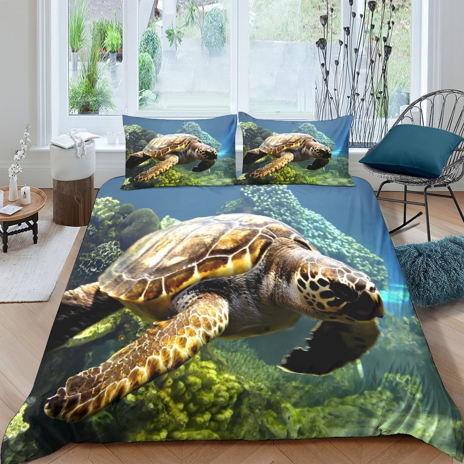 Ctjqhvkz Style-9 3D Printed Ocean Turtle Fitted Sheet Microfiber Soft Breathable Coral Reef Mattress Cover For Bedroom Decor Single（135X200cm）