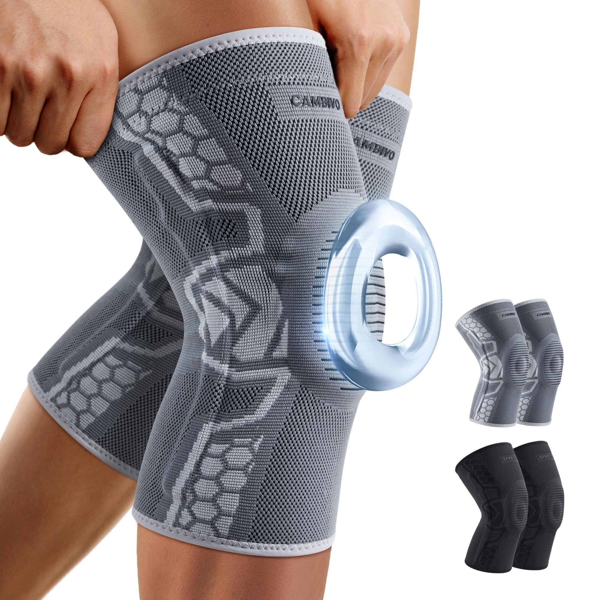 CAMBIVO Kniebandage Männer Damen 2 Stück, Komprimierte Kniebandage mit Patella Gel Pads & Feder Seitenstabilisatoren, Kniebandage Arthrose für Laufen, Meniskusriss, Arthritis, Gelenkschmerzlinderung