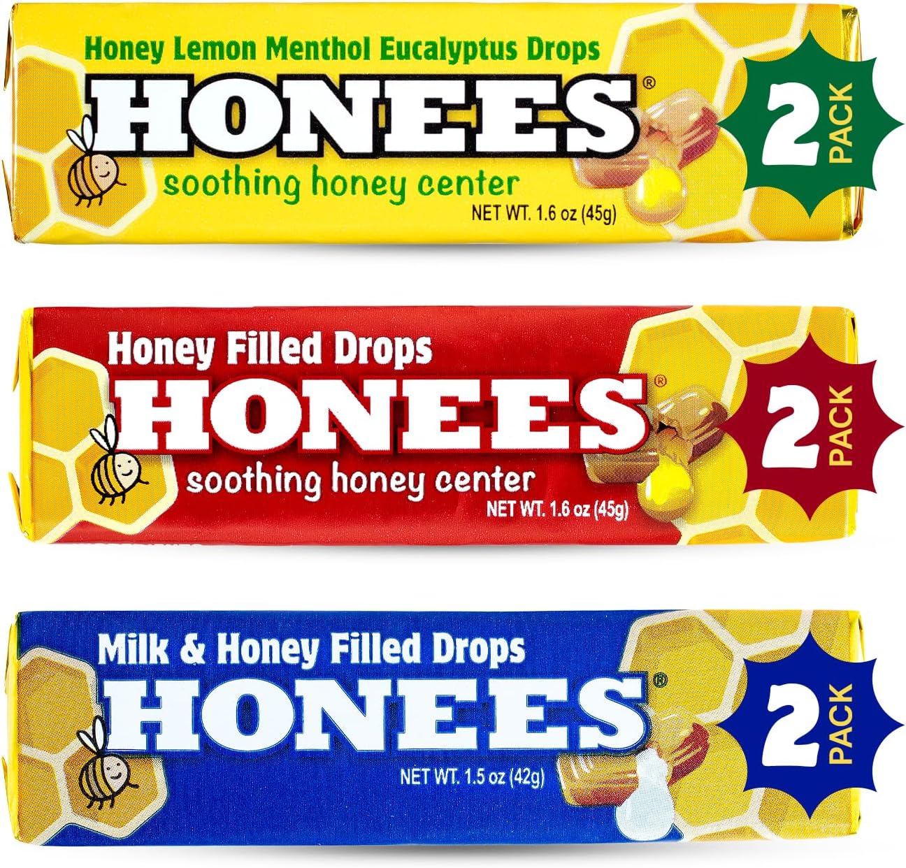 Honees Filled Honey Ginger Drops, Natural Cough Drops- Pure Ginger Sore Throat Relief - Nothing Artificial -Throat Coat Lozenges, Natural Cough Suppressant, Non-GMO (24 Pack – 216 Drops)