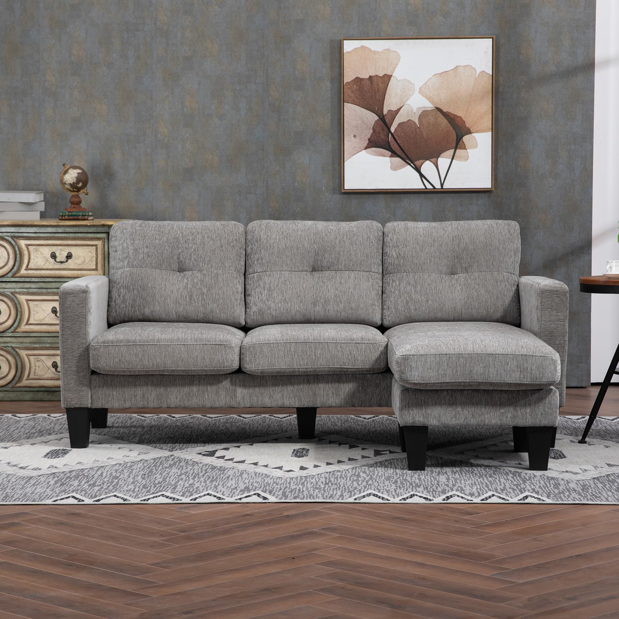 HOMCOM Sofá Chaise Longue Reversible, Sofá de 3 Plazas en Forma de L, Tapizado en Chenilla, Asiento y Respaldo Acolchados, Estructura de Acero, 186x130x84 cm, Marrón Topo