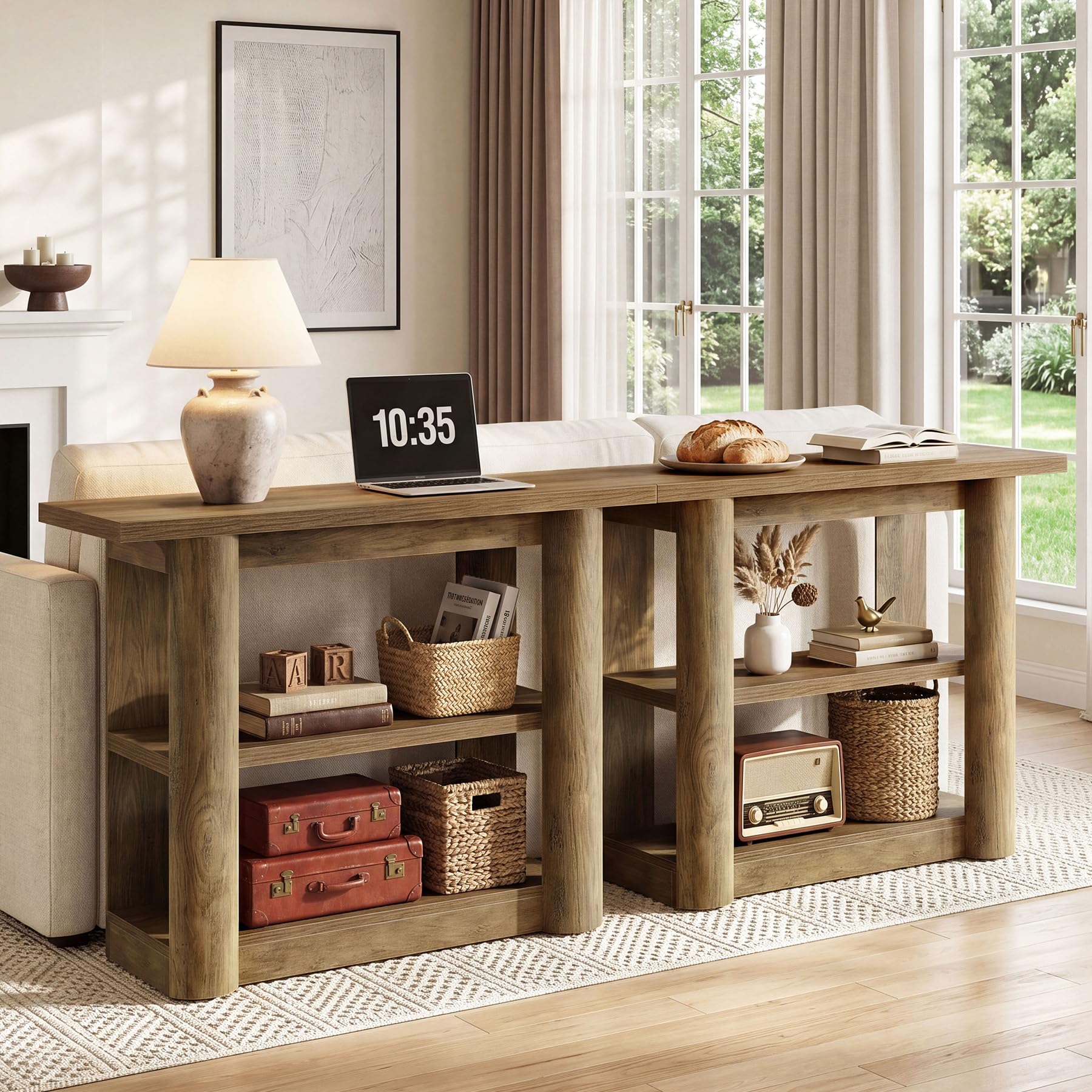 Tribesigns Konsolentisch 105cm schmal, Vintage Landhaus Flurtisch mit 3 Ebenen, Industriedesign Ablagetisch für Flur, Wohnzimmer & Eingangsbereich, platzsparender Sofatisch, Braun