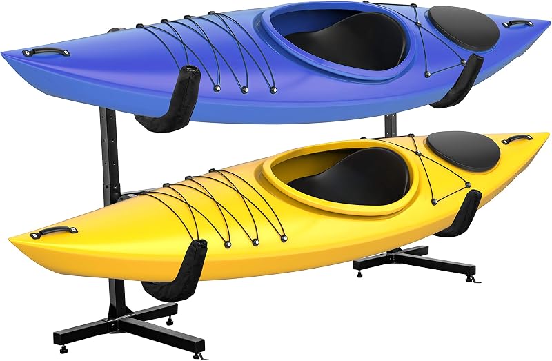 RaxGo Estante de almacenamiento independiente para kayak, kayaks de almacenamiento resistentes, SUP, canoa y tabla de remo para interior, exterior, garaje, cobertizo o muelle, altura ajustable