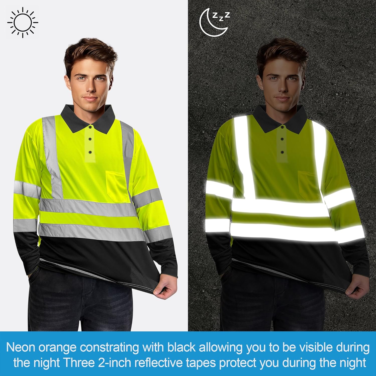 Hi Vis Safety Long Sleeve Shirts for Men, Reflective Construction Work Shirt Fast Dry with Pocket 6 Pack - Image 8