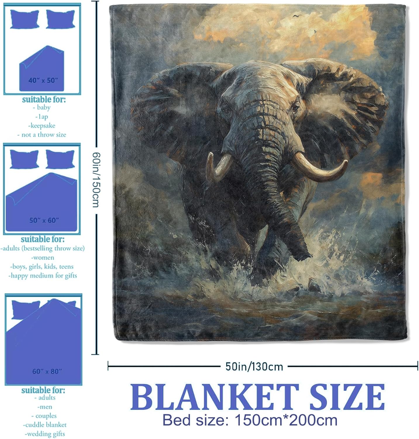 Elephant Throw Blanket 50"x60", Soft Flannel Elephant Theme Blankets for Living Room Couch, Home Decor, Gifts for Adults and Women