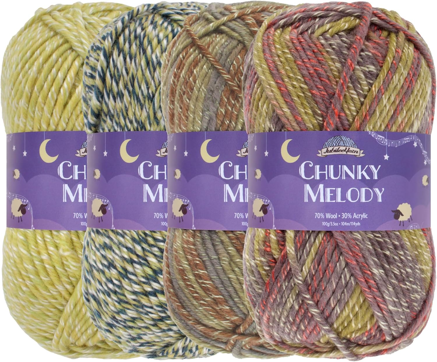 JubileeYarn Chunky Melody Yarn - Bulky Wool Blend - 100g/Skein - Shades of Green - 4 Skeins