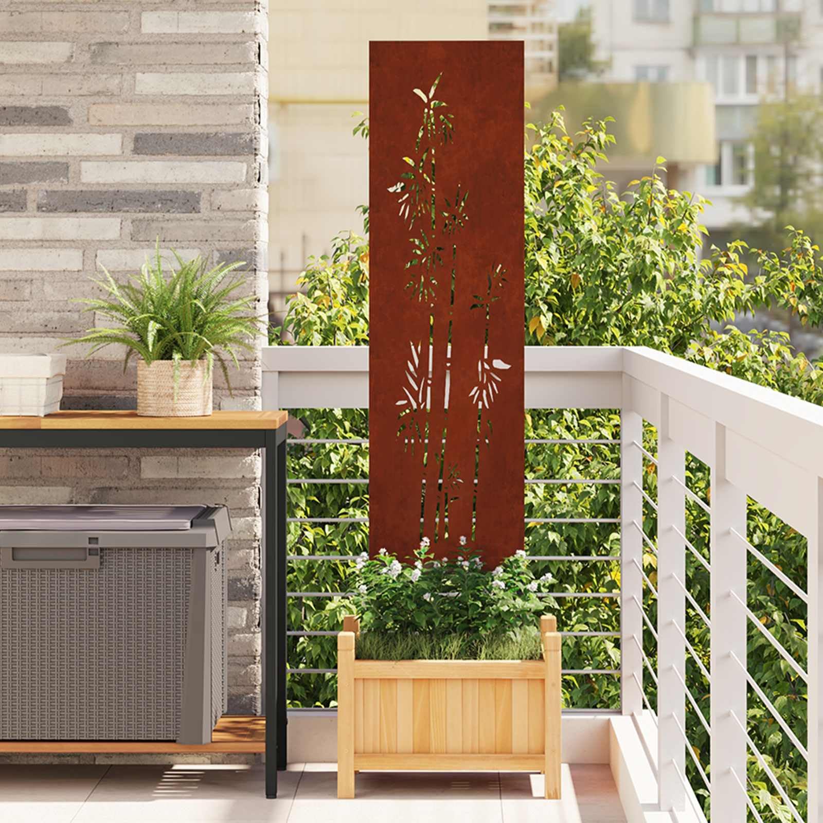 Ogrodowa ochrona przed wzrokiem na płótnie z rdzewiałej stali odpornej na warunki atmosferyczne 32 x 140 cm z matowym wykończeniem i dekoracyjną inkrustacją na taras i do ogrodu, prywatność i