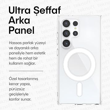 Teknoft Samsung Galaxy S24 Ultra için MagSafe ile Uyumlu Şok Emici Silikon Kenar Sararma Önleyici Arkası Sert Parmak İzi Tutmayan Darbeye Dayanıklı Manyetik Şeffaf Kılıf