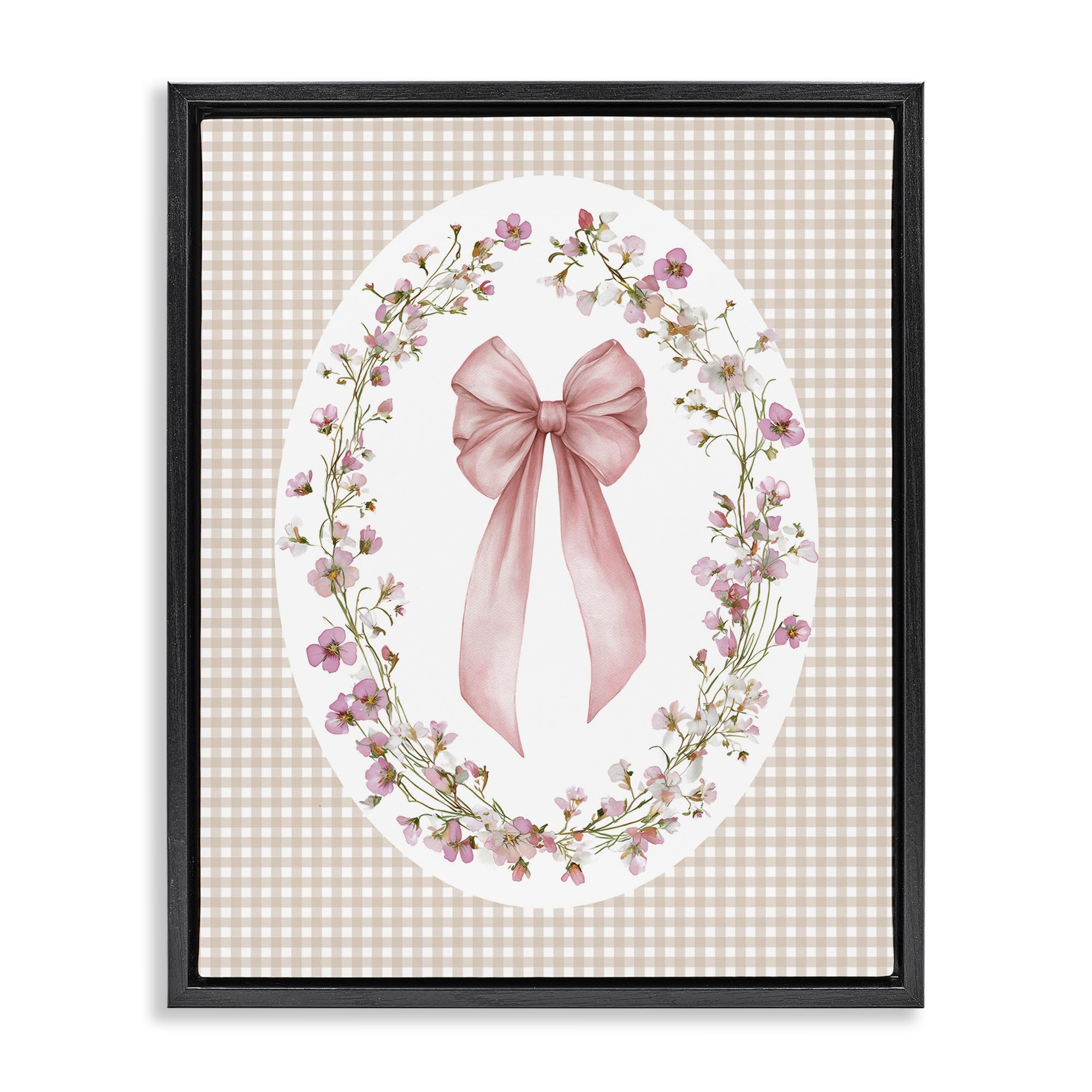 Stupell Industries Feminine Gingham Floral Bow 'Feminine Gingham Bow', Floating Frame Canvas Art, Black, 25 X 31 Inches, Easy To Hang And Sturdy, Made In Usa, By Christine Simpson Art