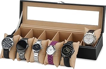 ZENWOOD Men Women 6 Slots Watch Box case organizer Leatherette Gift Box Black Color Watch Box (Black, Beige, Holds 6 Watches)