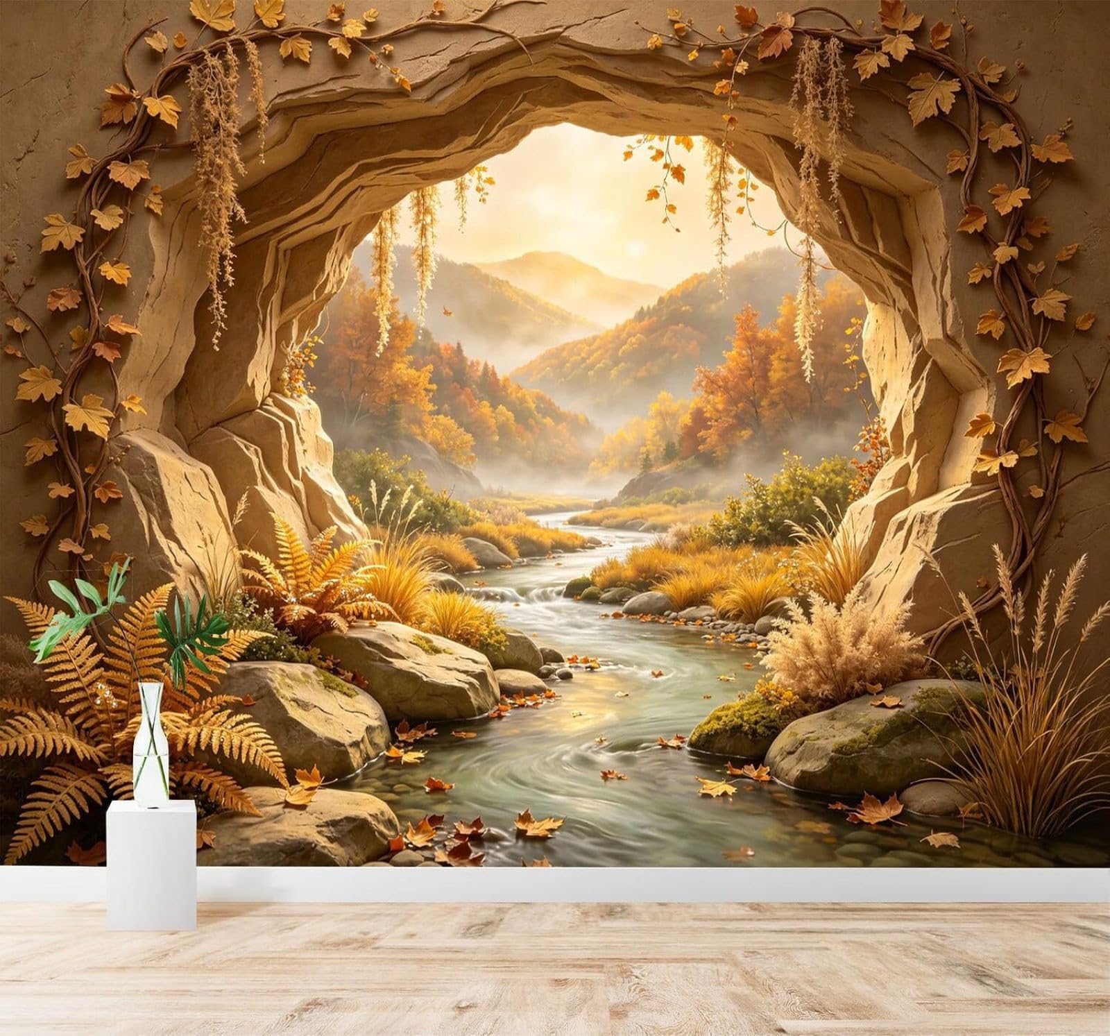 Carta da Parati 3D Autunno Foresta Fiume Montagne