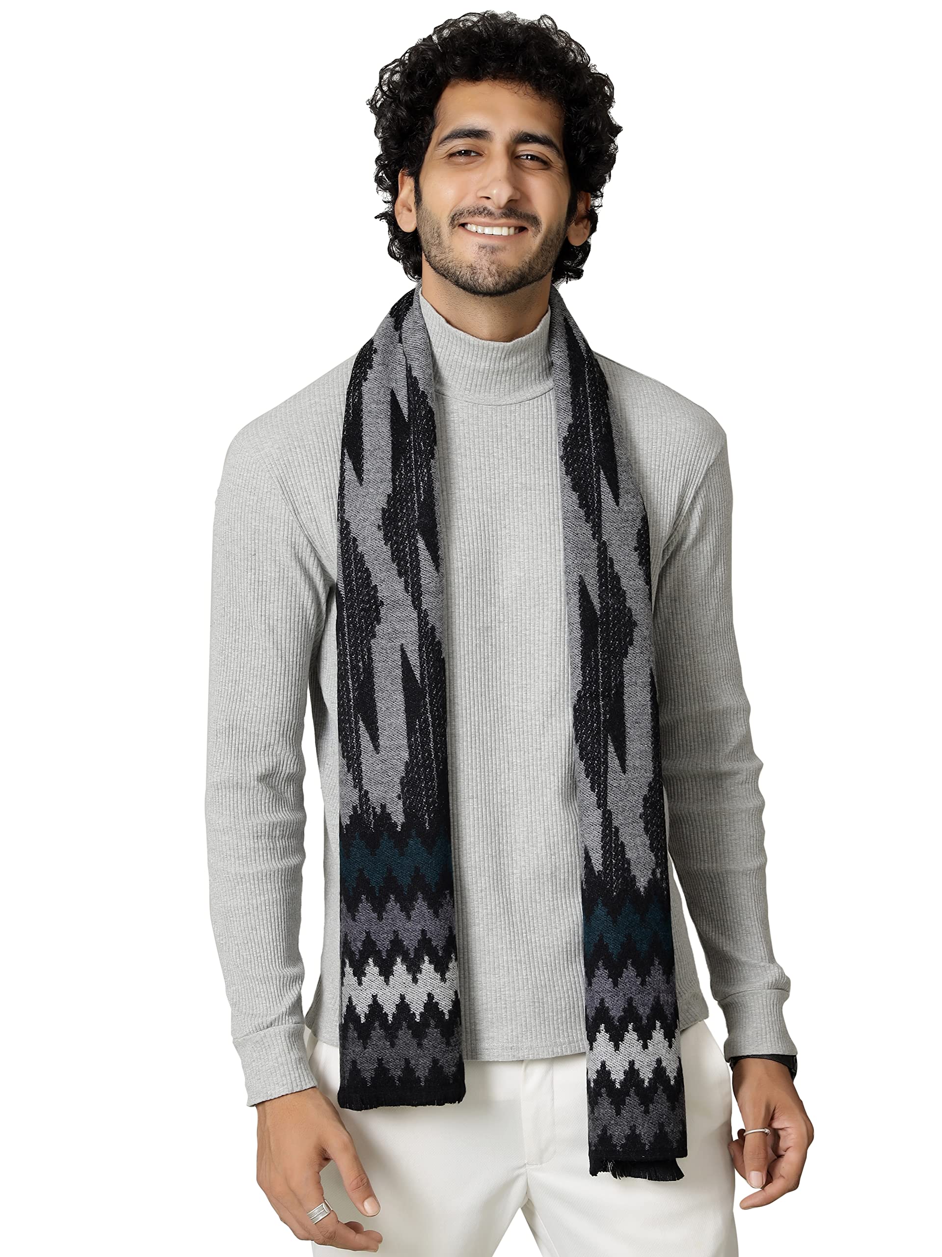 Ravaiyaa - Attitude is everything Pure Wool Muffler, Winter Scarf, Neck Wrap For Men's Classic & Stylish Ikat Pattern Muffler (Grey & Black)-picture-17