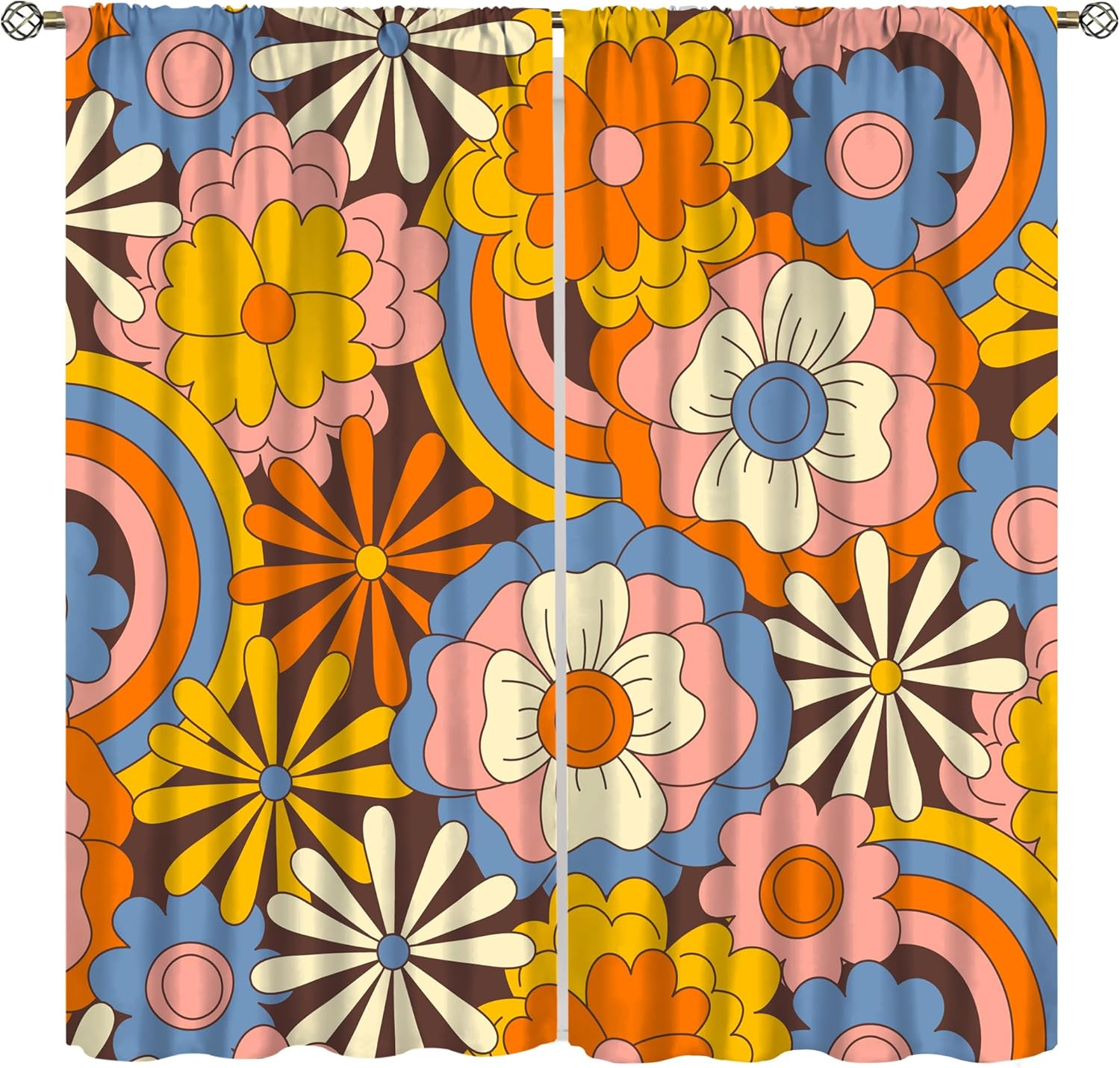 Hippie 70's Floral Curtains Boho Retro Summer Groovy Flower Print Drapes for Bedroom Living Room Kitchen Abstract Aesthetics Window Treatments Rod Pocket 2 Panels 42x63 Inch