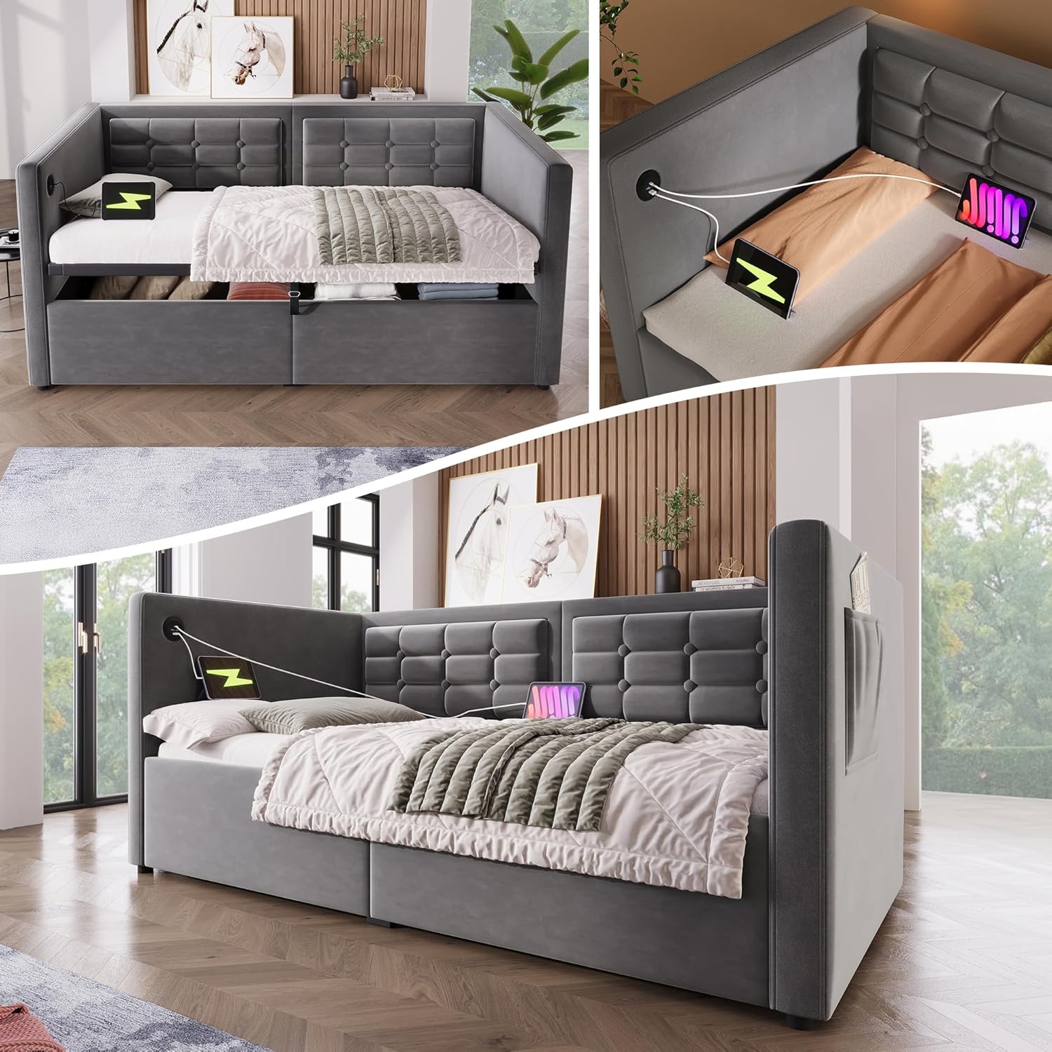 80.5" Modern Twin Size Velvet Upholstered Sofa Bed with Hydraulic Storage & USB/Type-C Charging, Multifunctional Pull Out Twin Bed Couch with Wooden Slats & 2 Side Pockets for Living Room,Bedroom