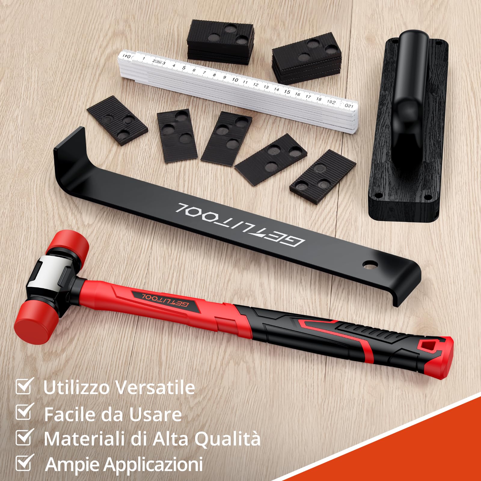 GETLITOOL Kit per Installazione Pavimento Laminato, 60 Distanziatori, Martello in Gomma, Blocco di Battitura con Manico, Barra di Trazione con Feltro, Metro Pieghevole - Strumenti Completi per Parquet