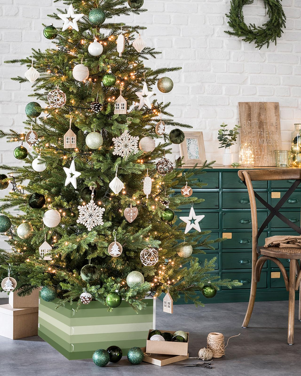 Sage Green Christmas Tree Collar Tree Box Stand Cover, Rustic Farmhouse Wooden Grain Artificial/Pencil/Silm/Skinny Tree Ring 6 Packs Collapsible Tree Skirt for Christmas Xmas Tree Decorations, 17