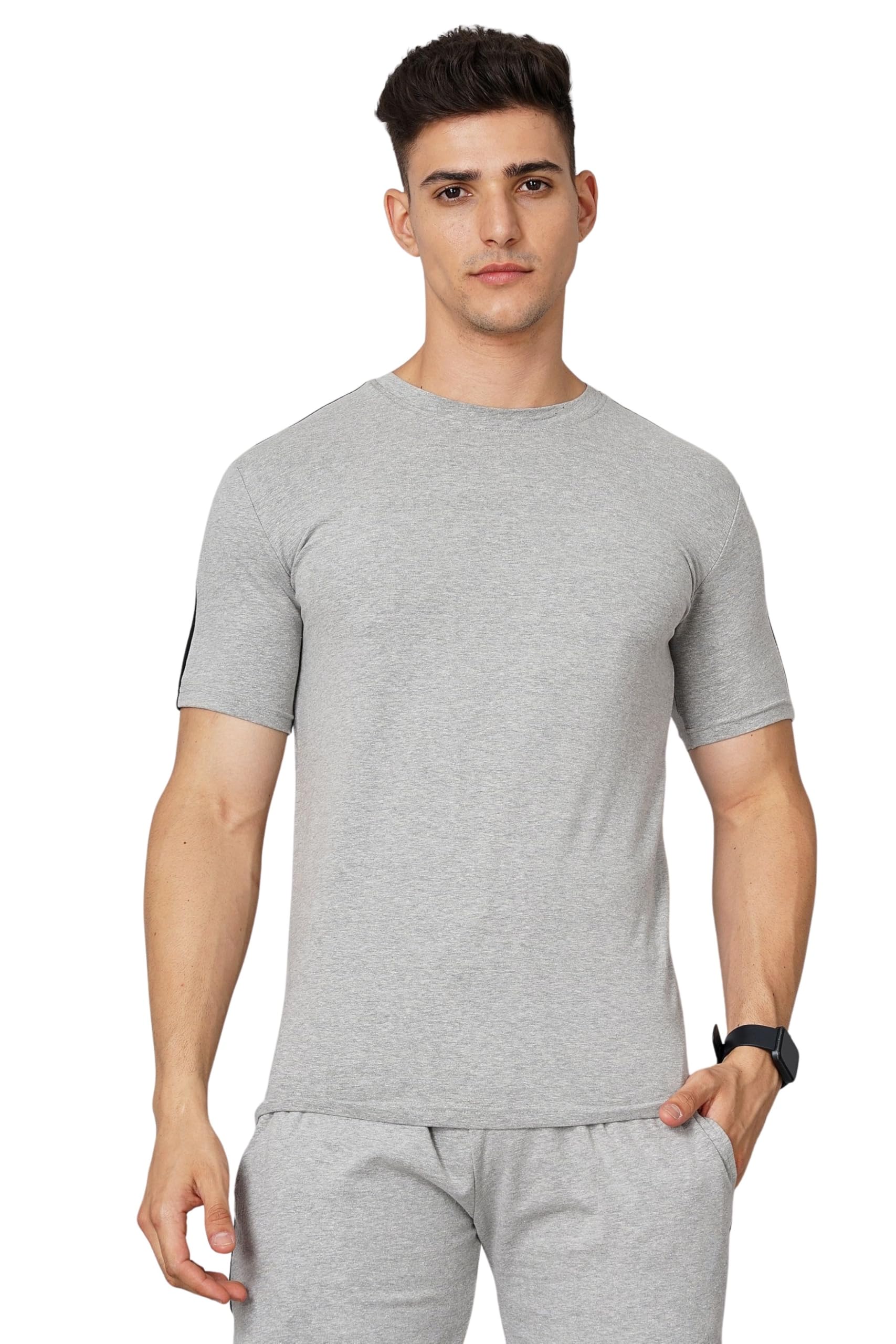 Men’s Grey Co-Ord Set with Contrast Side Panels – Slim Fit T-Shirt & Shorts Combo | Cotton Blend Activewear | Gym, Running & Casual Summer Wear-image-12