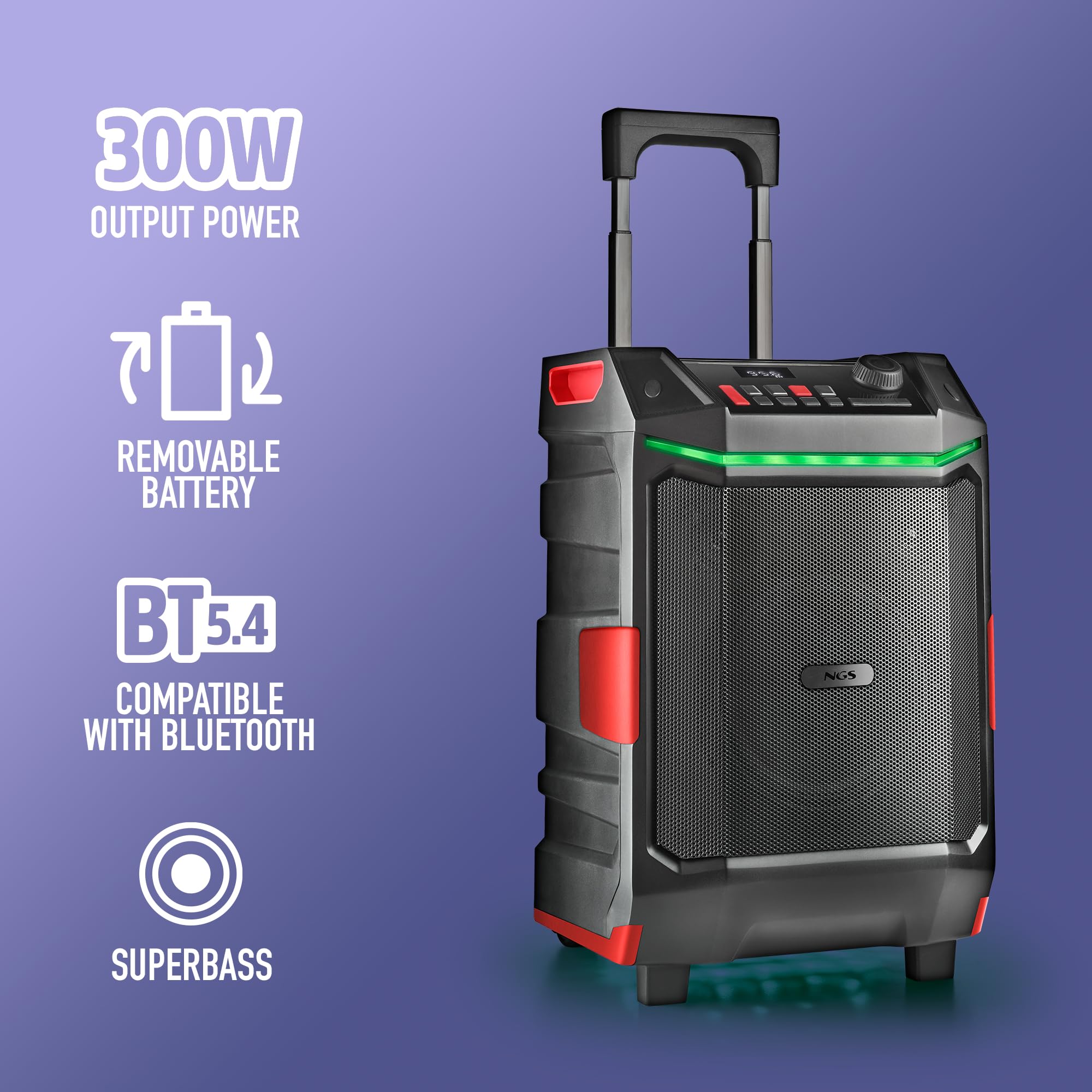 NGS Wild Bash - Enceinte Bluetooth 5.4 Portable 50 W RMS avec lumières LED RVB, Batterie Rechargeable Amovible, étanche IPX6, karaoké et Fonction Diffusion