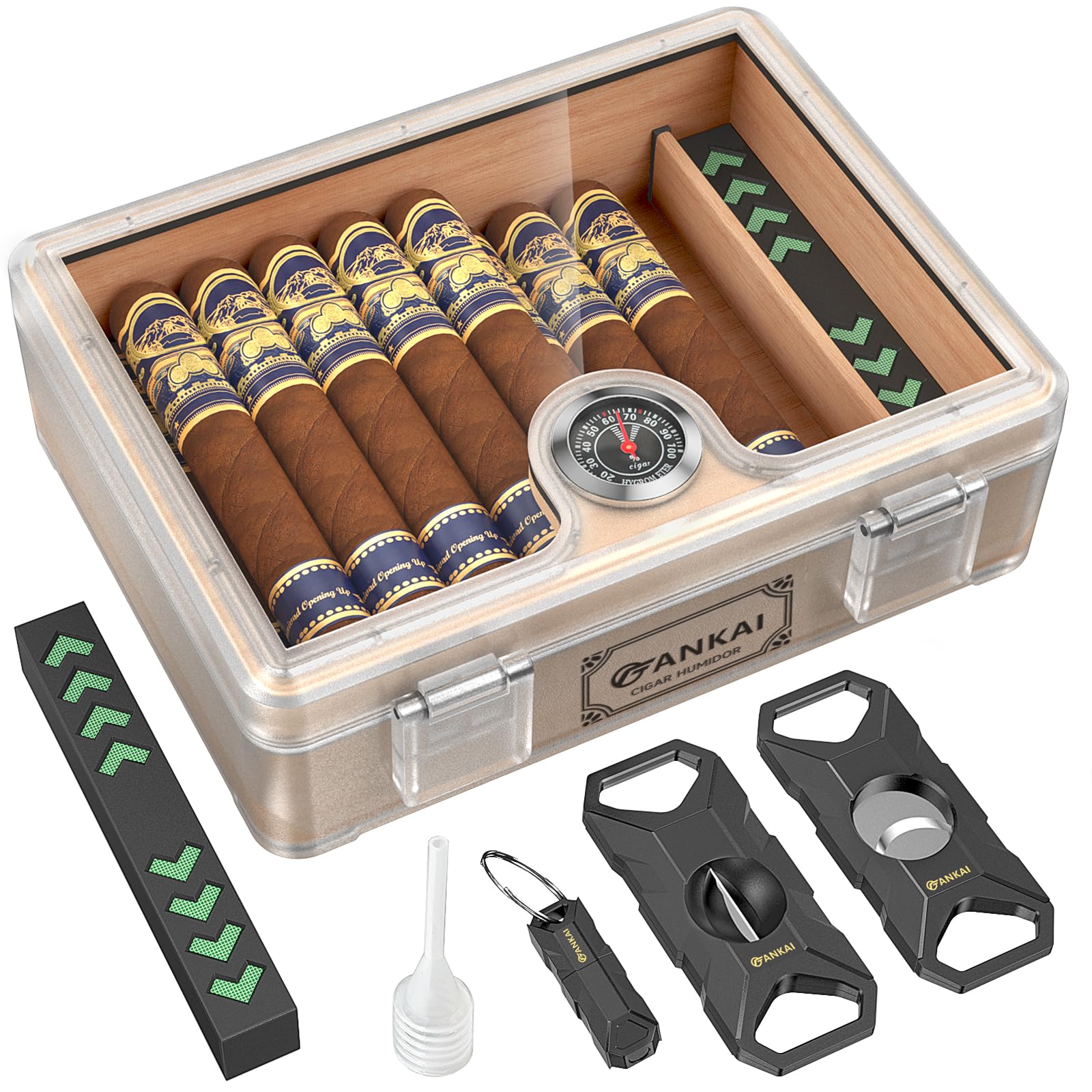 Cave à cigares, avec guillotine droite, coupe en V, perforatrice et support, étui à cigares en verre, doublure en bois de cèdre, accessoires humidificateur, hygromètre, coffret cadeau