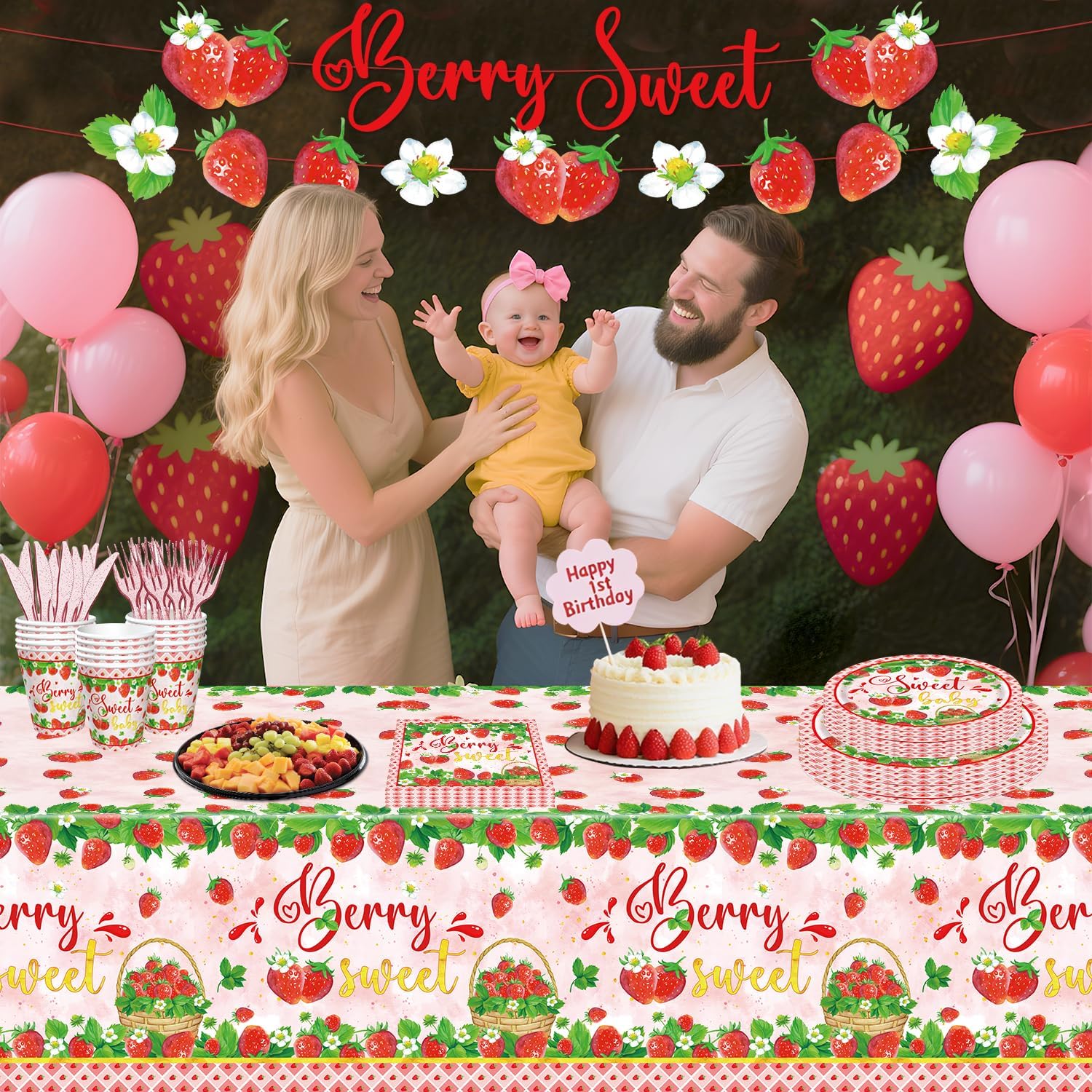 123PCS Strawberry Party Decorations Strawberry Theme Birthday Party Supply Berry Sweet Baby Shower Decorations Fruit Themed Decor Berry First Birthday Tableware Set - Plates Tablecloth Cups Serves 20 - Image 4