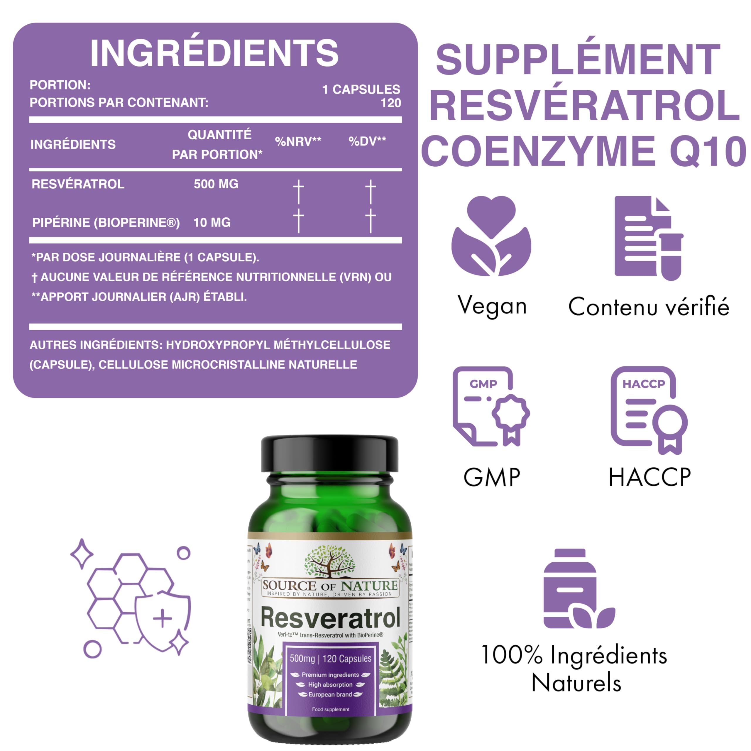 Trans-Resvératrol 500 mg | 120 gélules vegan | Haute dose | Pureté 98 % | Fermenté naturellement | Avec pipérine | Testé en laboratoire | Qualité premium