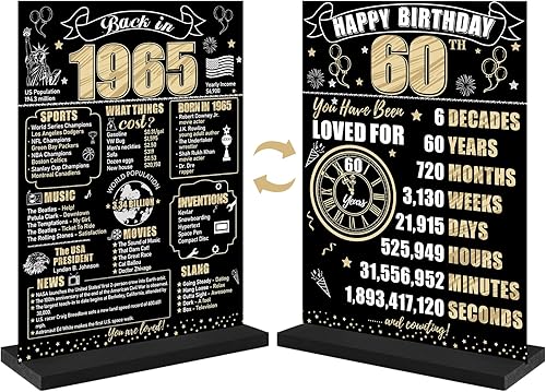 Cartel de mesa de 60 cumpleaños negro y dorado para hombres y mujeres, póster de madera vintage de 60 cumpleaños de dos caras con soporte para