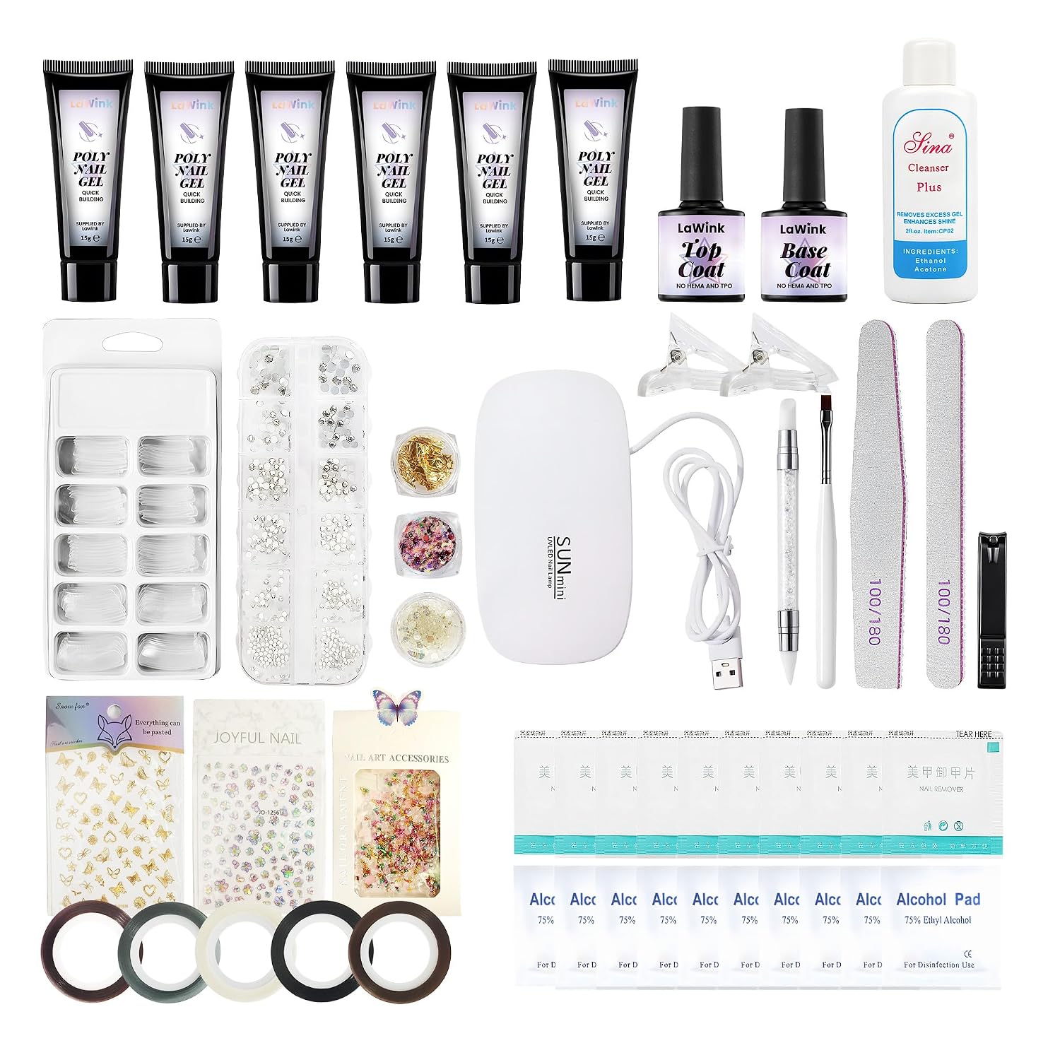 Poly Gel Nail Kit 6 Colors with Nail Lamp Nail Extension Gel Kit Nude Clear Pink Black Glitter Complete Starter Kit for Beginner Base Top Coat Trendy Nail Art Design Nail DIY at Home for Women