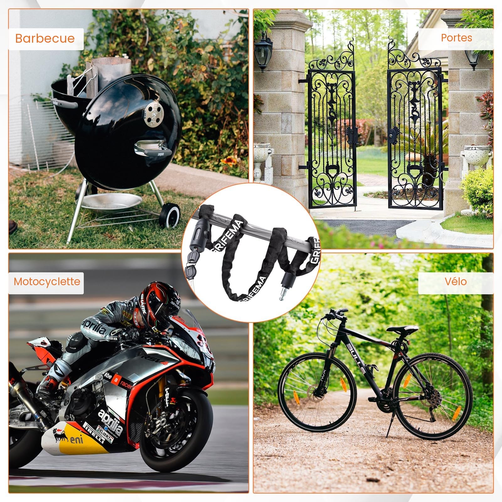 GRIFEMA GA1201-12, Chaîne Antivol Vélo 120 CM, Chaîne Cadenas Vélo pour Vélos, Motos, trotinette electrique, Portails, Noir