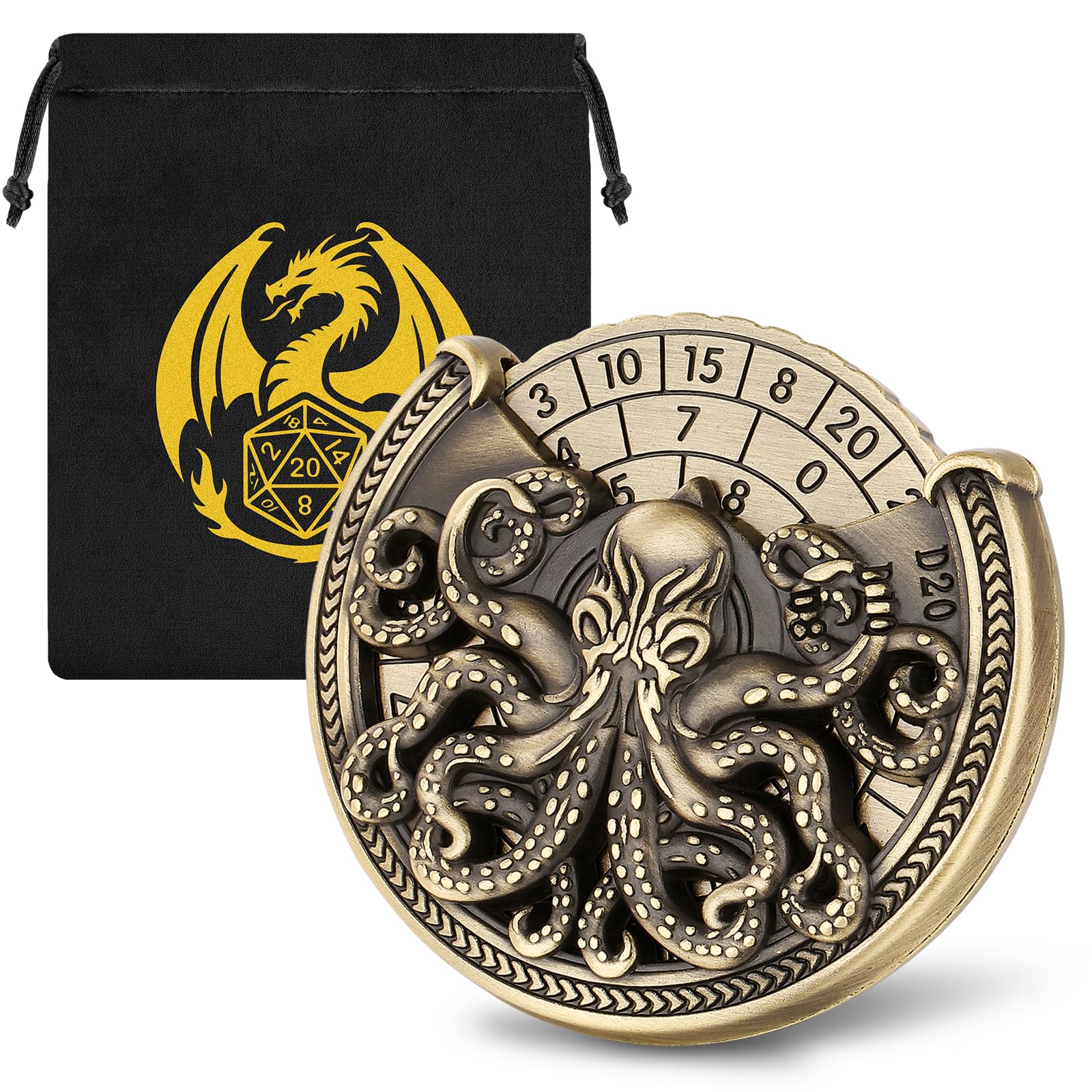 Keller & Weber Bronze Octopus D&D Dice Set, 7-in-1 Roulette Dice Spinner, Metal DND Wheel Dice Spiner, Fingertip Gyro