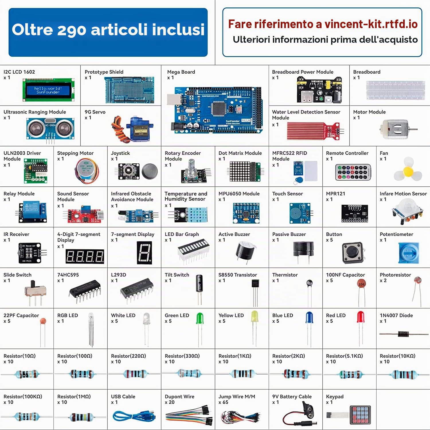 SUNFOUNDER Project Il kit di avviamento elettrico più completo, compatibile con Arduino Mega R3 Nano, 73 tutorial inclusi