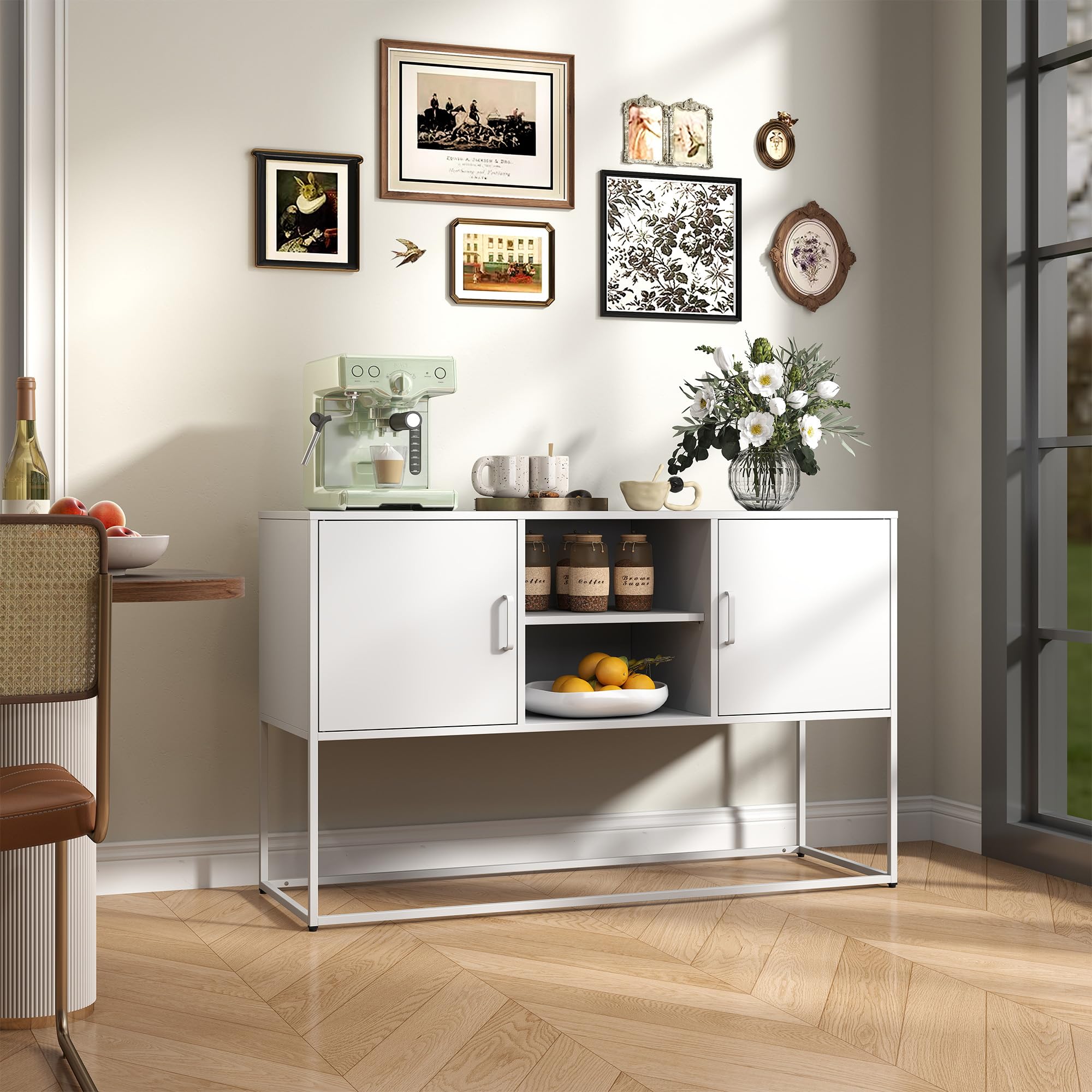 Sideboard, 120 cm Breit Küchenschrank mit 2 Beweglich Regalen, Buffetschrank mit 2 Türen und offene Lagerung, Küchenbuffet für Wohnzimmer, Küche, Flur, Anti-Kipp Design(Weiß)