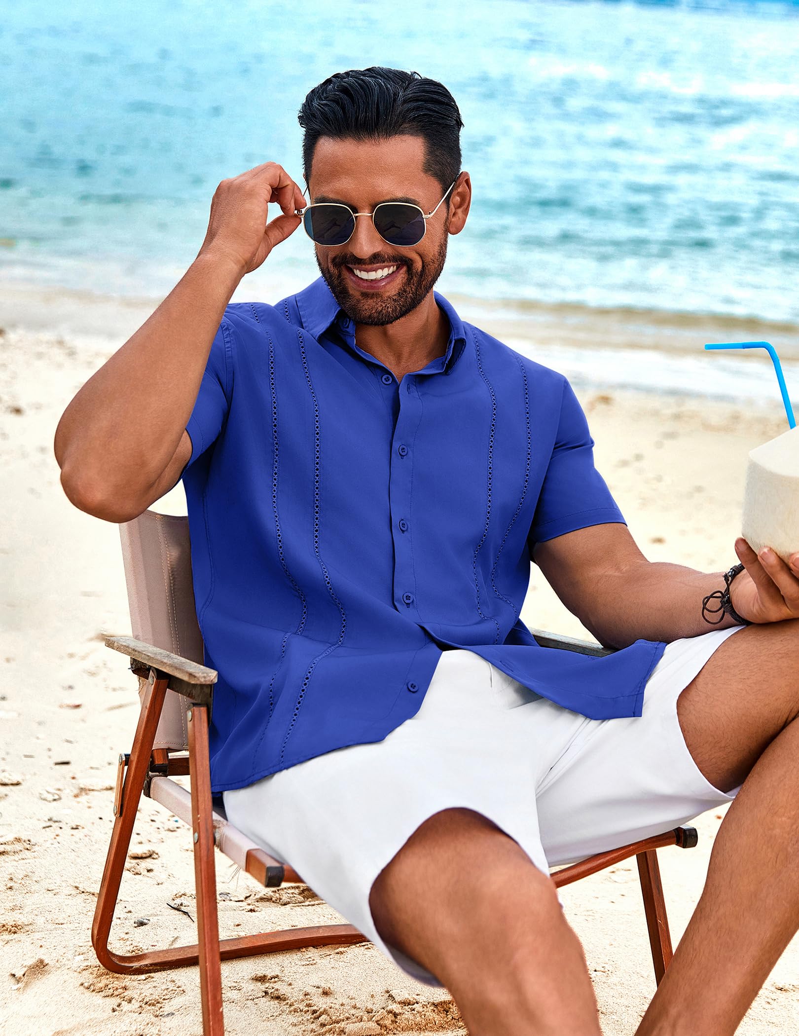 COOFANDY Chemise cubaine Guayabera à manches courtes boutonnée pour homme