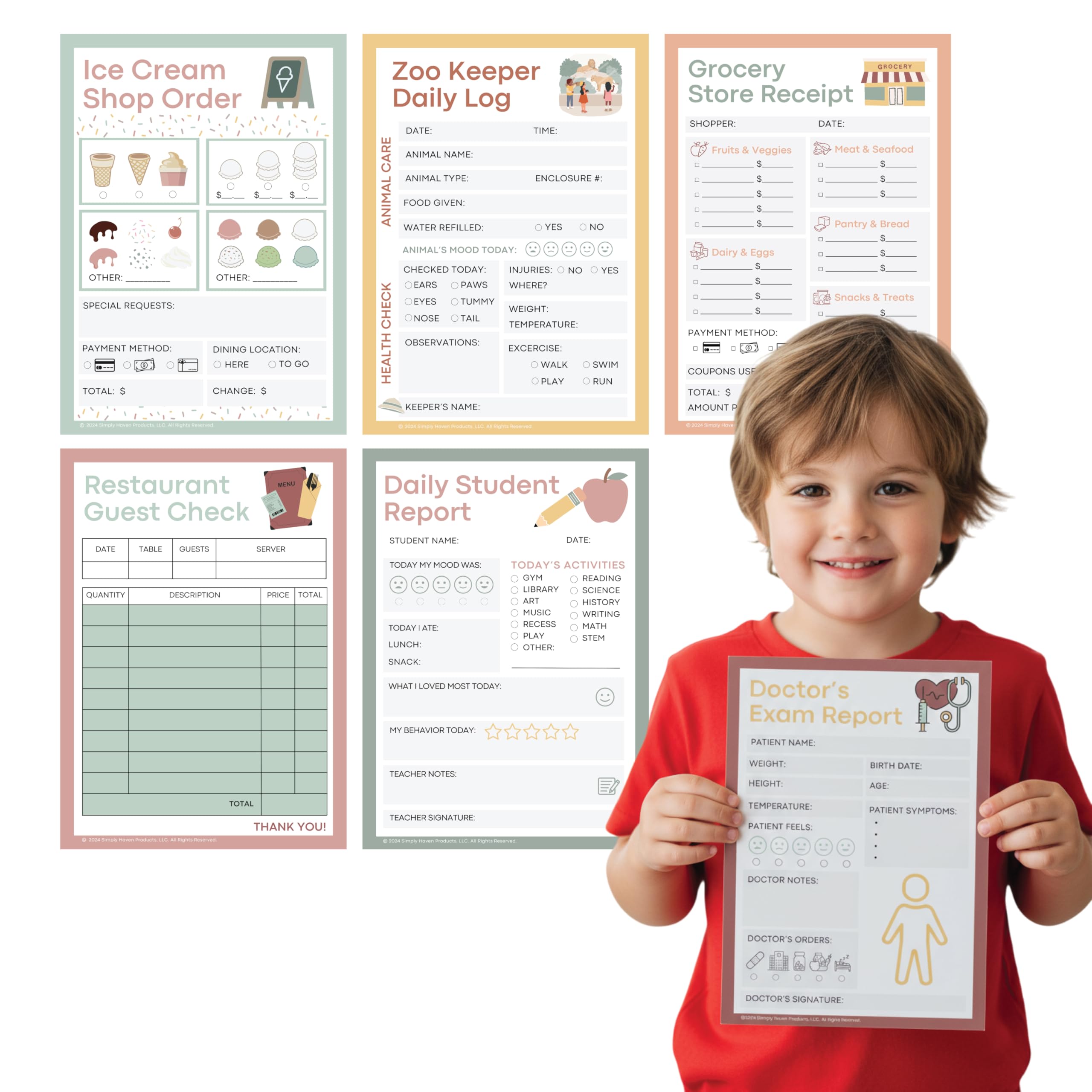 Haven Homestead Kids Pretend Play Notepads – Premium 6 Pack Large 5x7 50 Pages Each | Ice Cream Shop, Doctor, Zoo Keeper, Grocery List, Restaurant &
