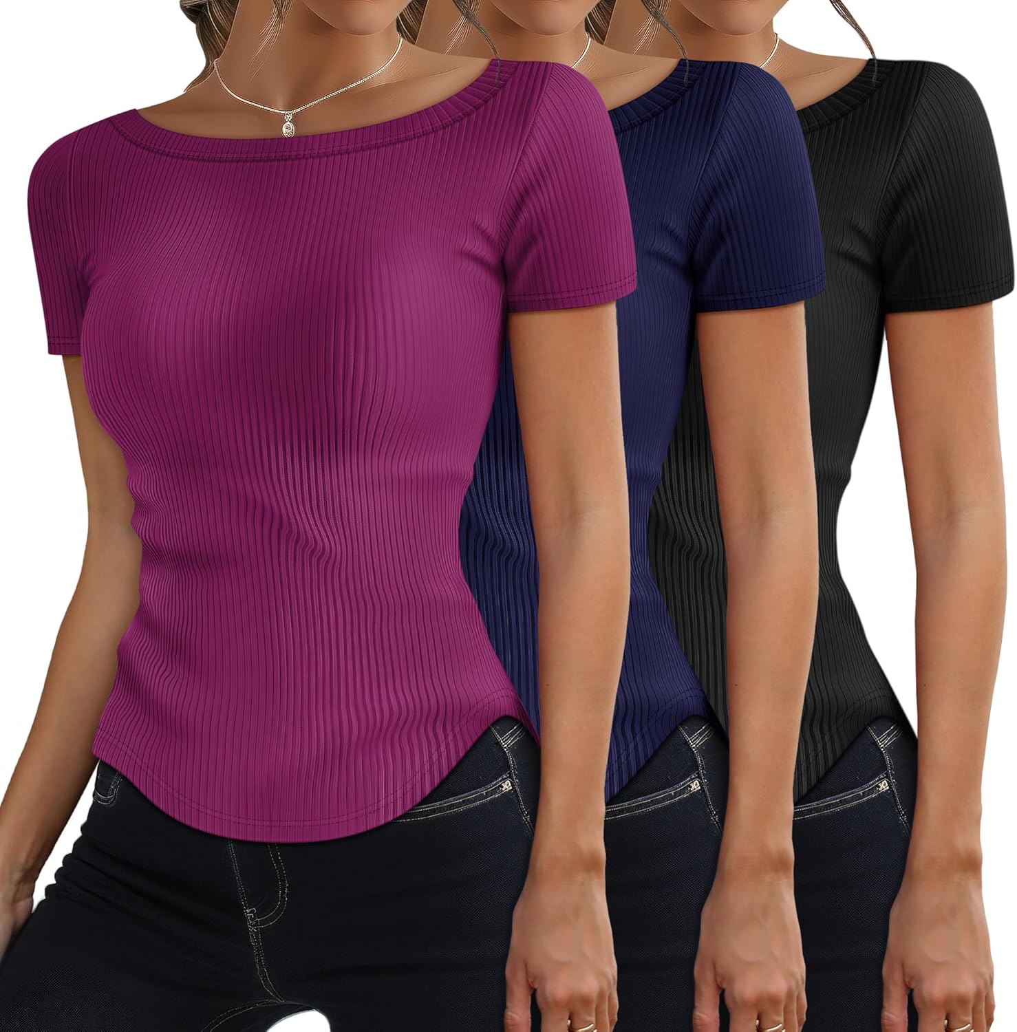 Riyiper 3 Pack Women Short Sleeve Ribbed Knit Slim Fitted T-Shirts Boat Neck Curved Hem Casual Tops Basic Tees Summer Trendy