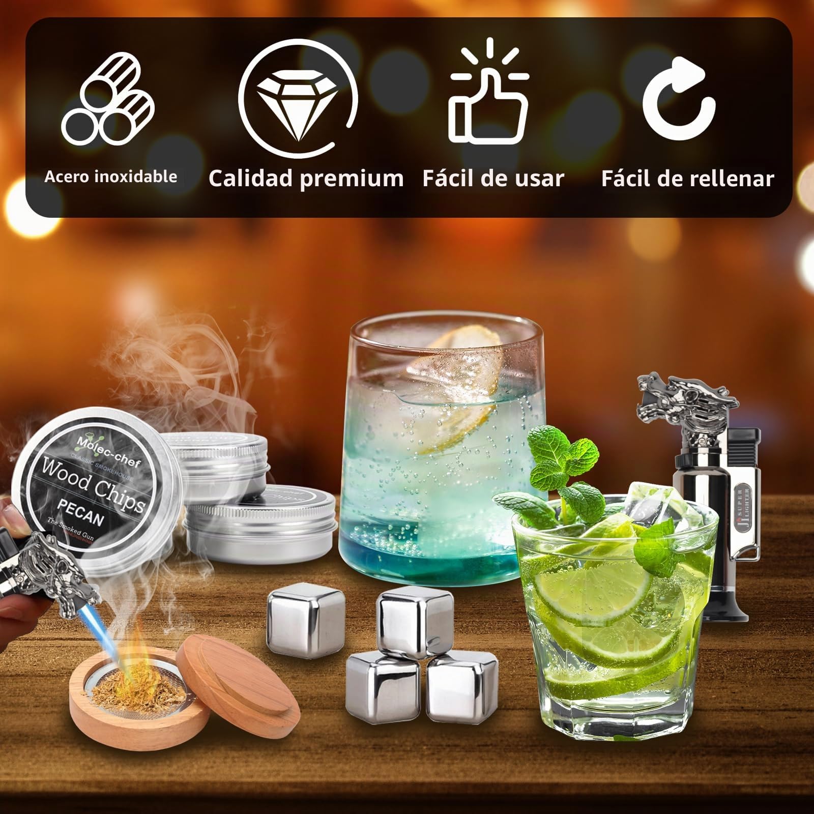 Kit de Ahumador de Cóctel con Antorch, Kit para fumadores de Cócteles con 4 Sabores de Virutas de Madera, Accesorio para Ahumador Kit Coctelería para Regalo para el Jardín de Papá