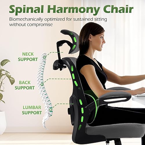 Miniatura 6 de Silla de oficina ergonómicas con soporte lumbar ajustable y colgador para reposacabezas, silla de malla transpirable de respaldo alto con ruedas,