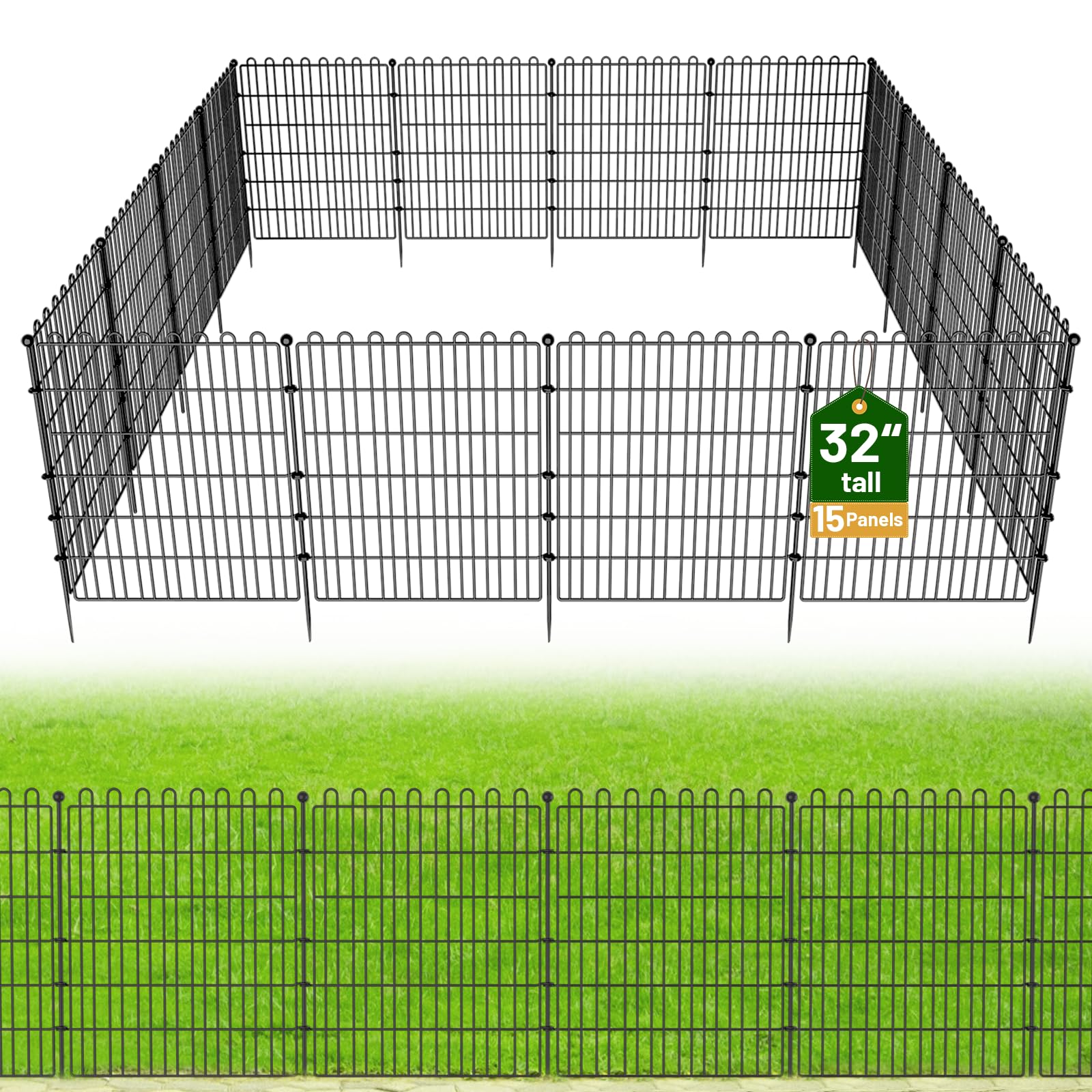 15 Panels No Dig Decorative Garden Fence for Yard, 32 in(H) X 35.4 ft(L) Animal Barrier Fencing for Outdoor Dog, Metal Portable Garden Fences for Borders, Pets, Landscape, Temporary Fence