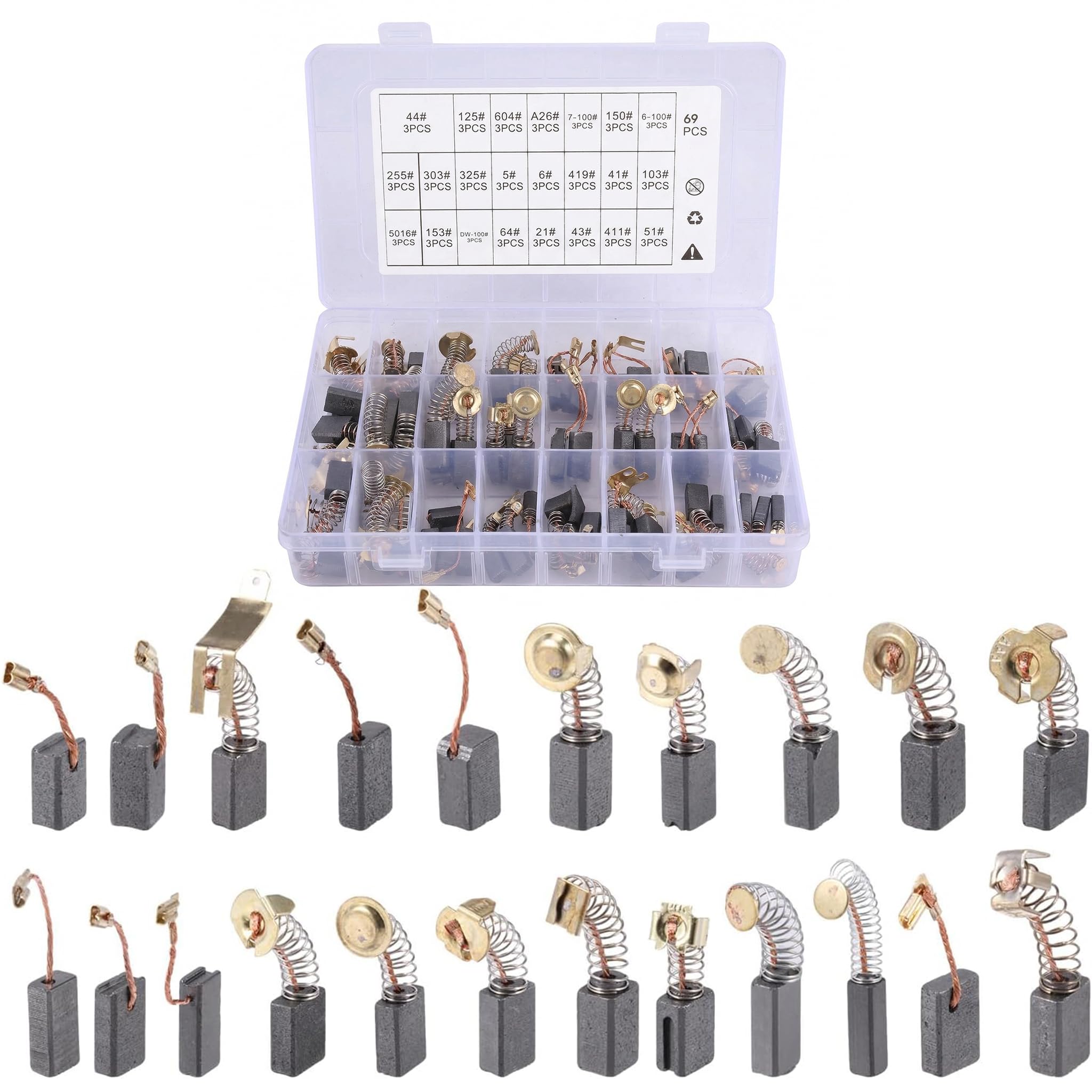 LEOUEANR 69 Carbon Brushes Set, 23 Sizes Power Tool Replacement Motor Carbon Brushes, Compatible with Angle Grinders, Hammer Drills, Circular Saws & More Electric Tools