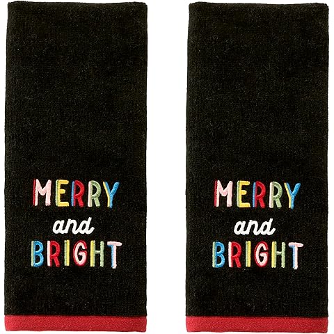 SKL Home Christmas/Winter Rainbow Merry 100% Cotton Embroidered 2pc Hand Towel Set, Decorative for Bath/Kitchen/Bar, Black